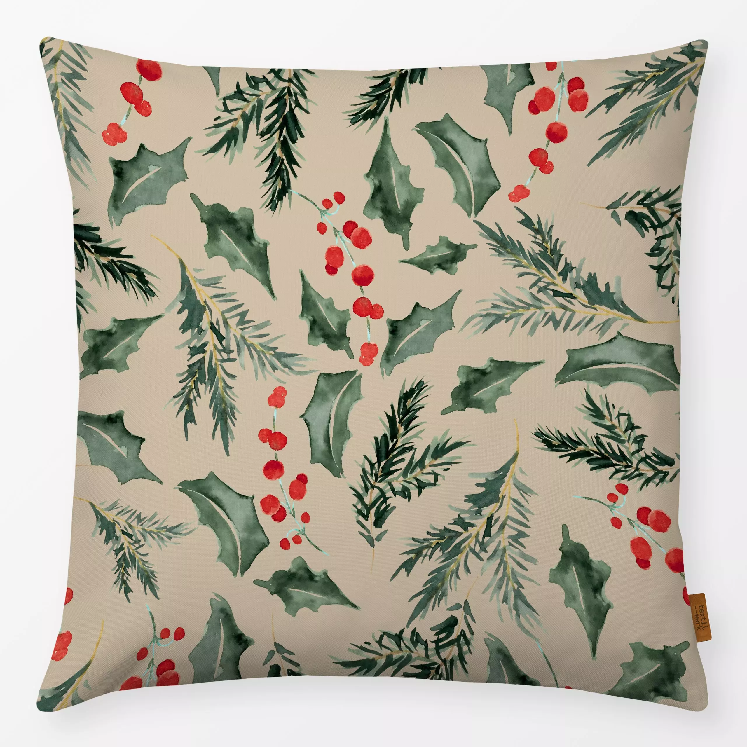 Kissen Tannenzweige sand - Blumen & Florales, Weihnachten, Winter - von „Uta Naumann"; boho, Muster, Beeren, floral, weihnac...