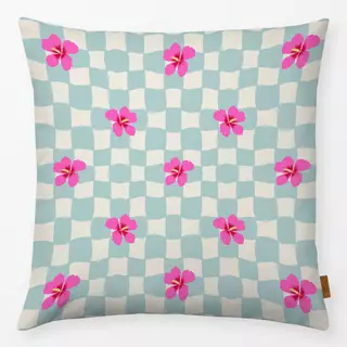 Kissen Hibiskus Schachbrett türkis