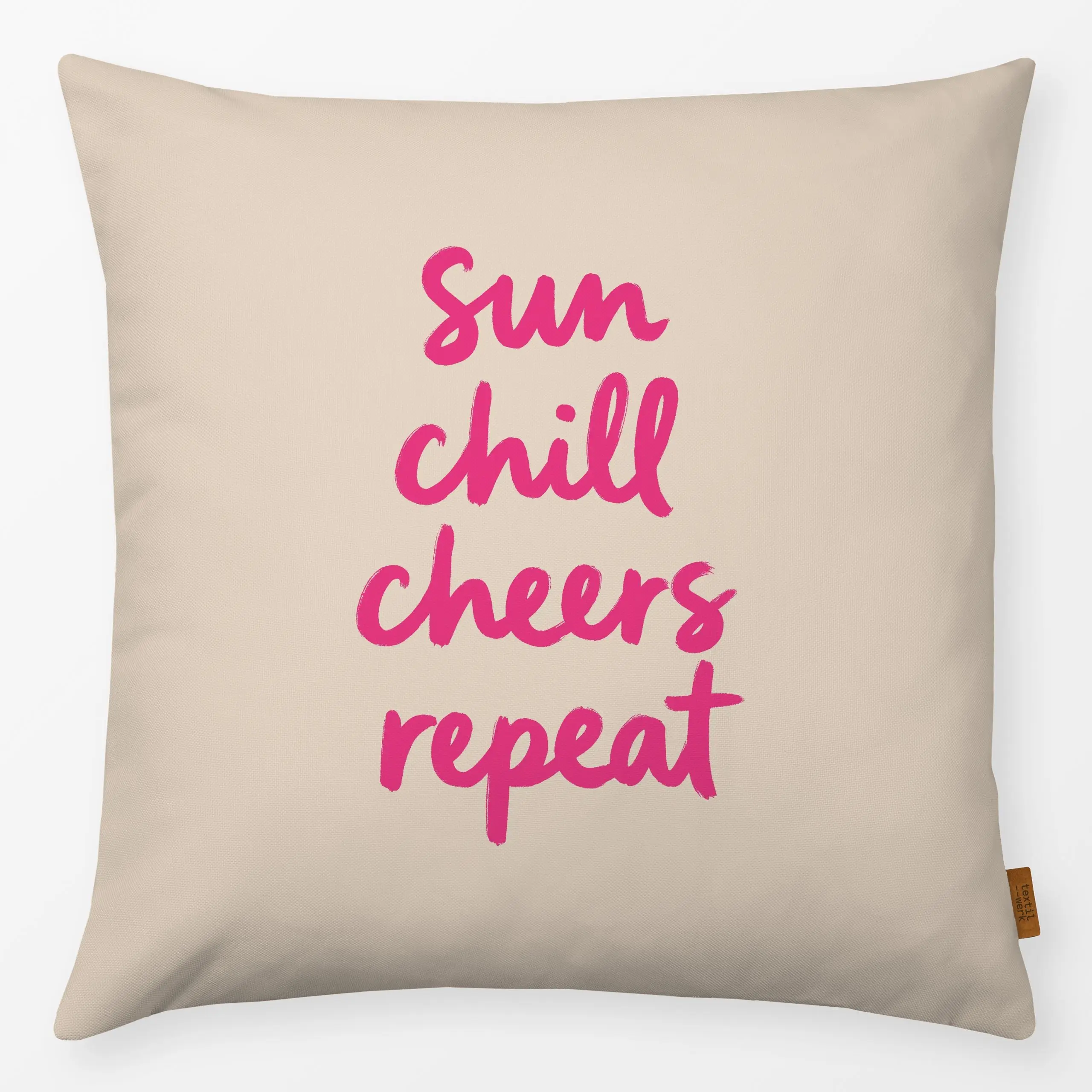 Kissen sun chill cheers repeat pink - Sommer, Sprüche & Schriftzüge - von „Studio Kesse"; Sommer, spruch, Handschrift, Entsp...