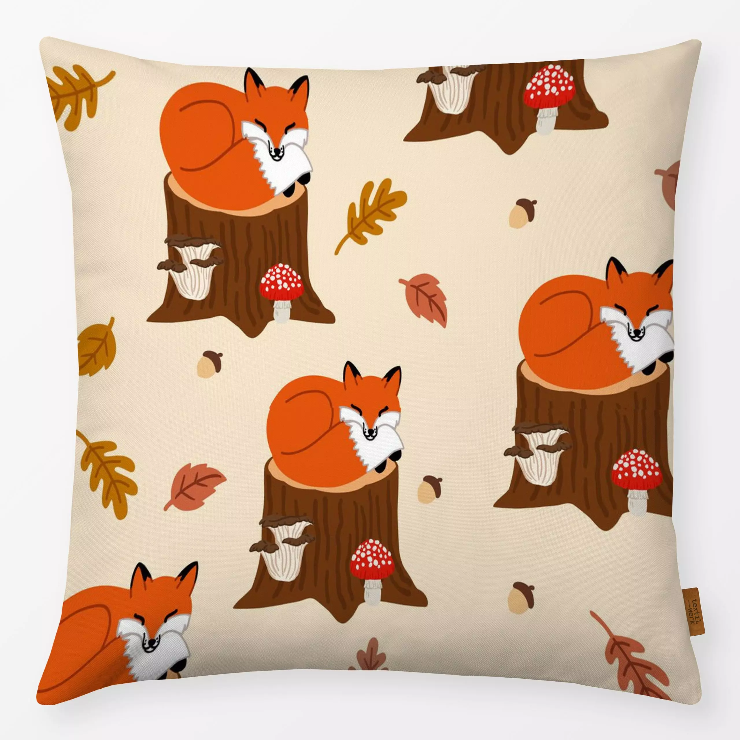 Kissen Fochsi - Herbst, Tiere - von „duundich"; Kinder, Laub, Wald, Fuchs, Kinderzimmer, Herbst, Baum, Herbstlaub, pilz