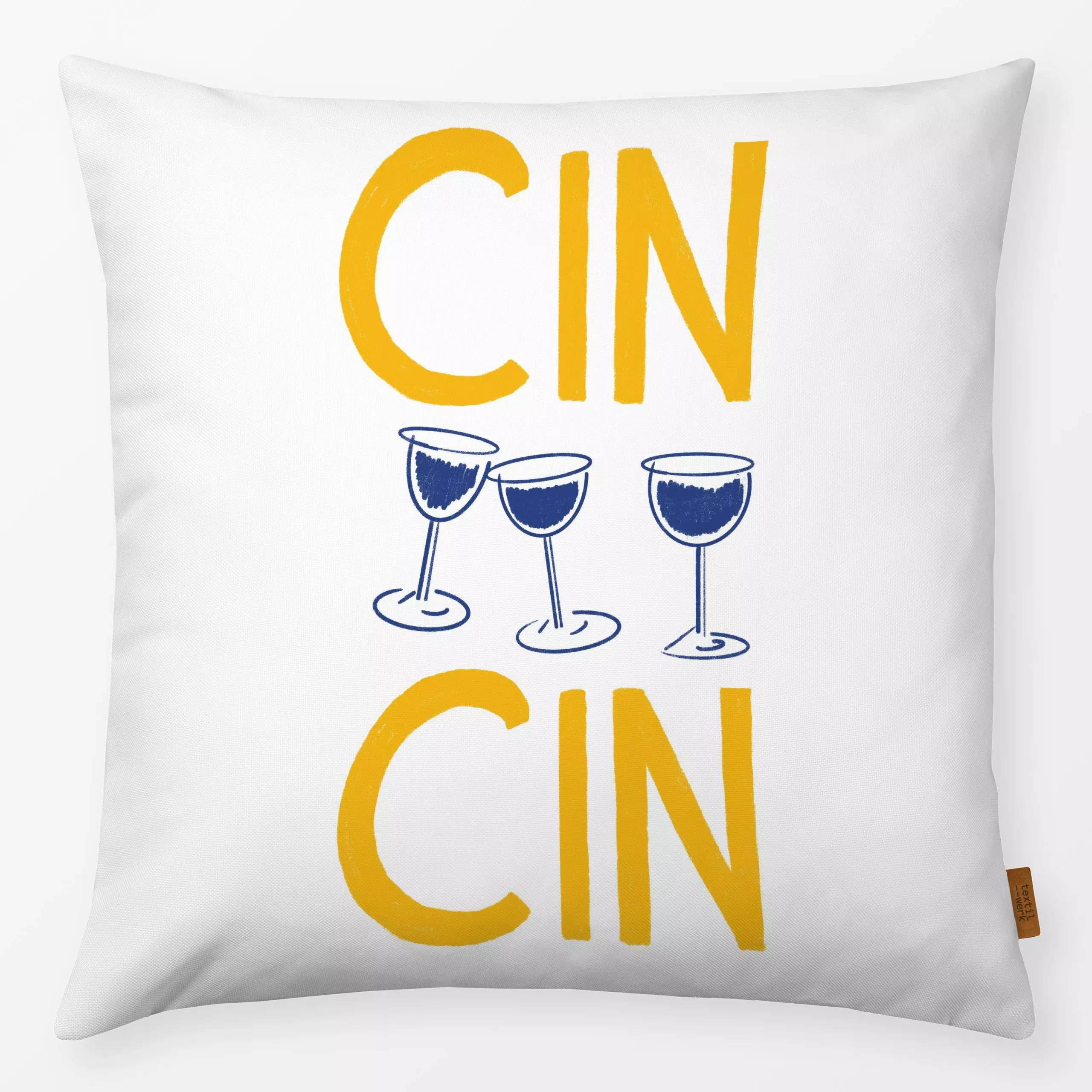 Kissen Cin Cin Typo Gelb blau - Sommer, Sprüche & Schriftzüge, Küche, Essen & Trinken - von „Mareen Heinz"; Wein, Urlaub, bl...