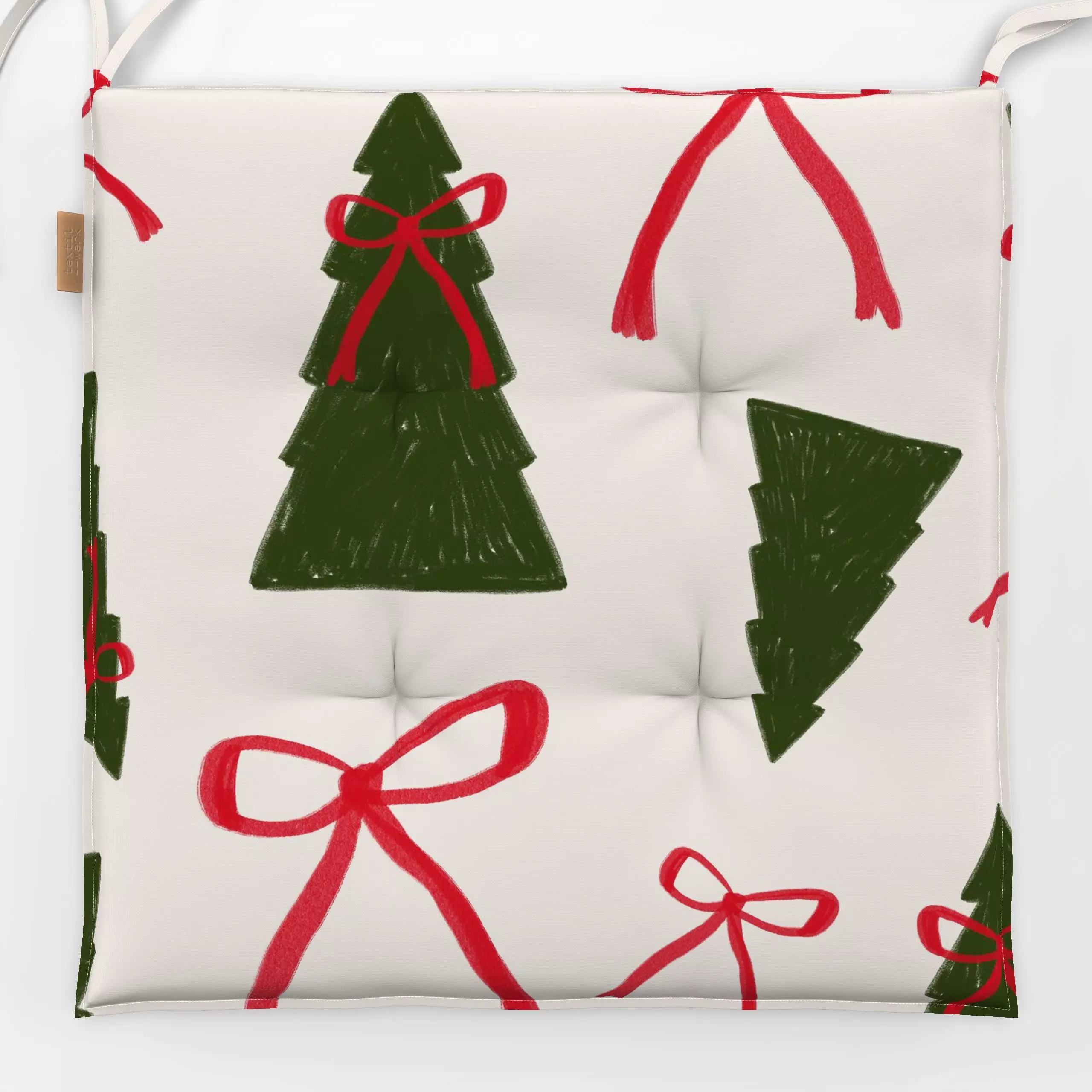 Sitzkissen Allover Trees and Bows - Weihnachten, Winter - von „Kruth Design"; Muster, Tannenbaum, weihnachtlich, Weihnachtsd...