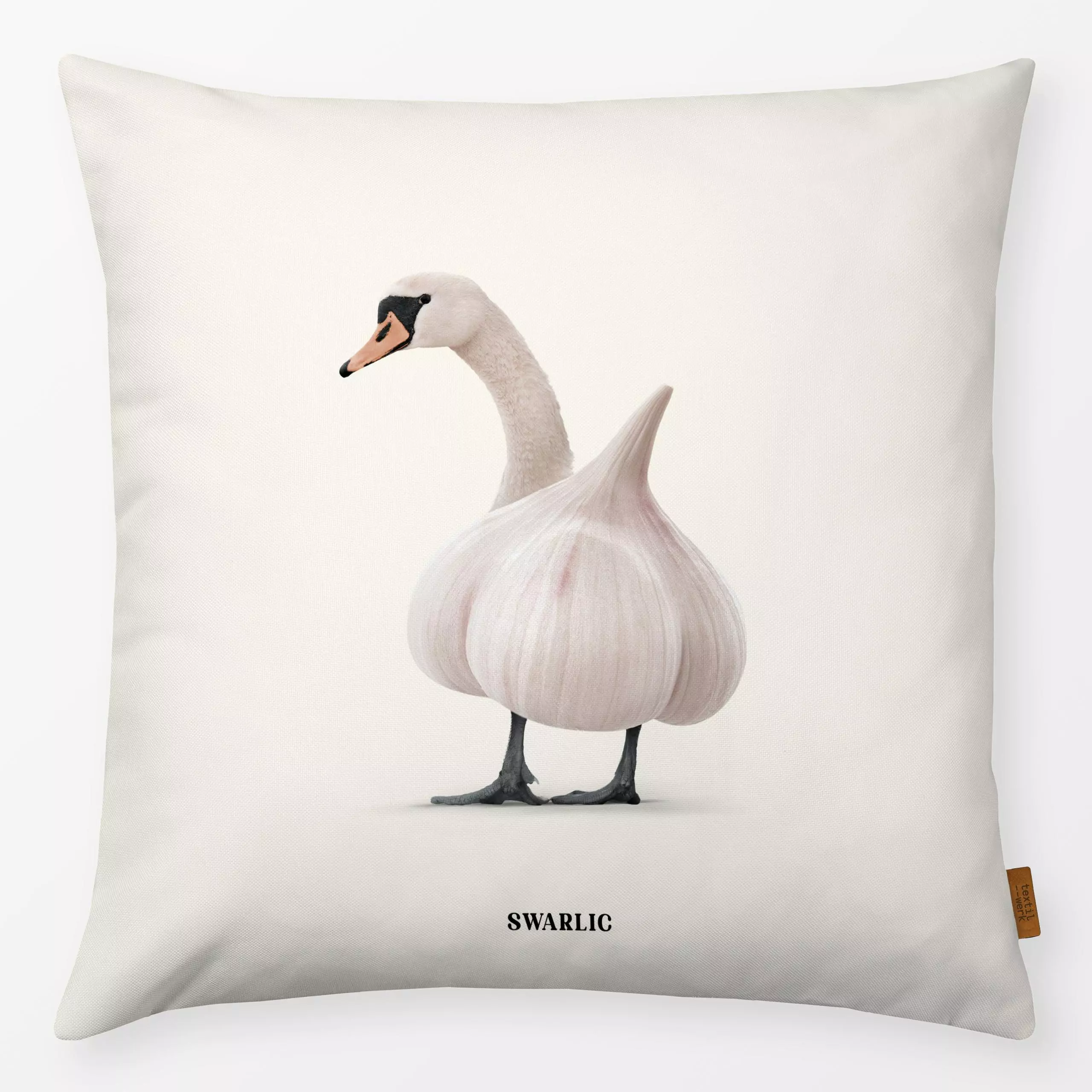 Kissen Swarlic - Tiere, Küche, Essen & Trinken - von „Jonas Loose"; Schwan, Tiere, Lustig, Humor, Esszimmer, Gemuese, knobla...
