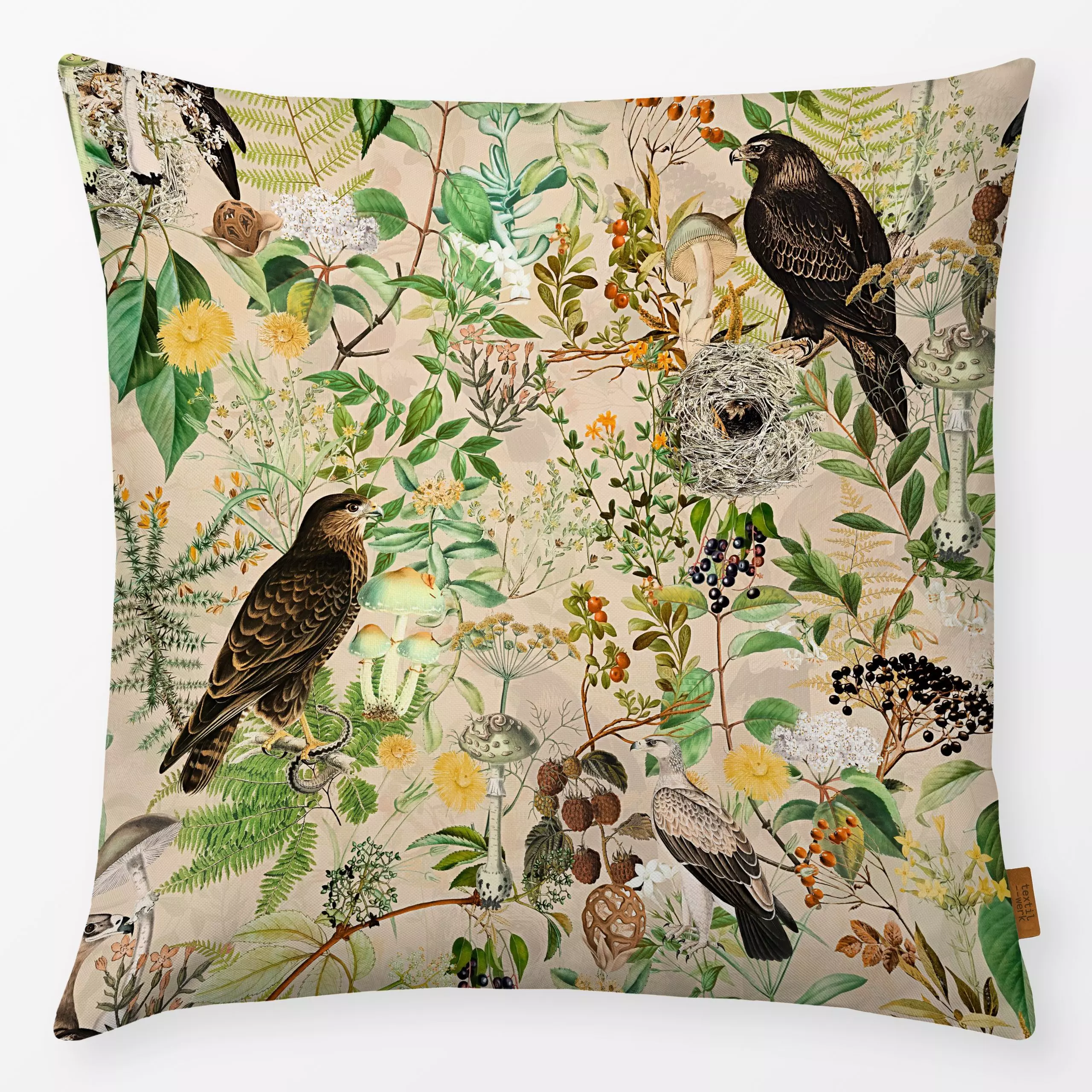 Kissen Vögel im Wald - Tiere, Retro & Vintage - von „Uta Naumann"; Muster, Natur, Wald, Wildtiere, Herbst, klassisch, wildli...