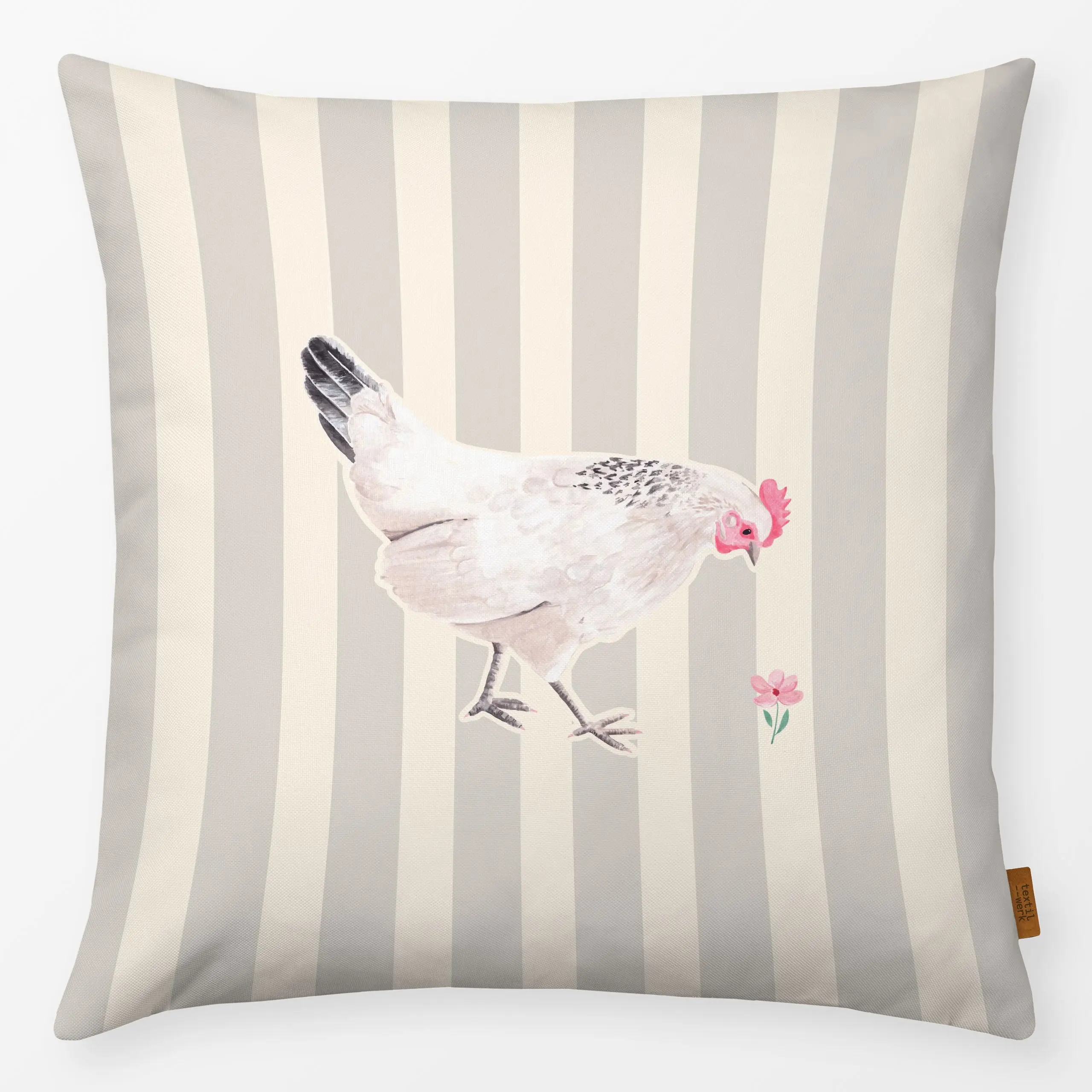Kissen Huhn gestreift beige - Frühling, Tiere, Ostern - von „Katrin Graff“; Garten, Haus - & Bauernhoftiere, landhaus, huhn,...