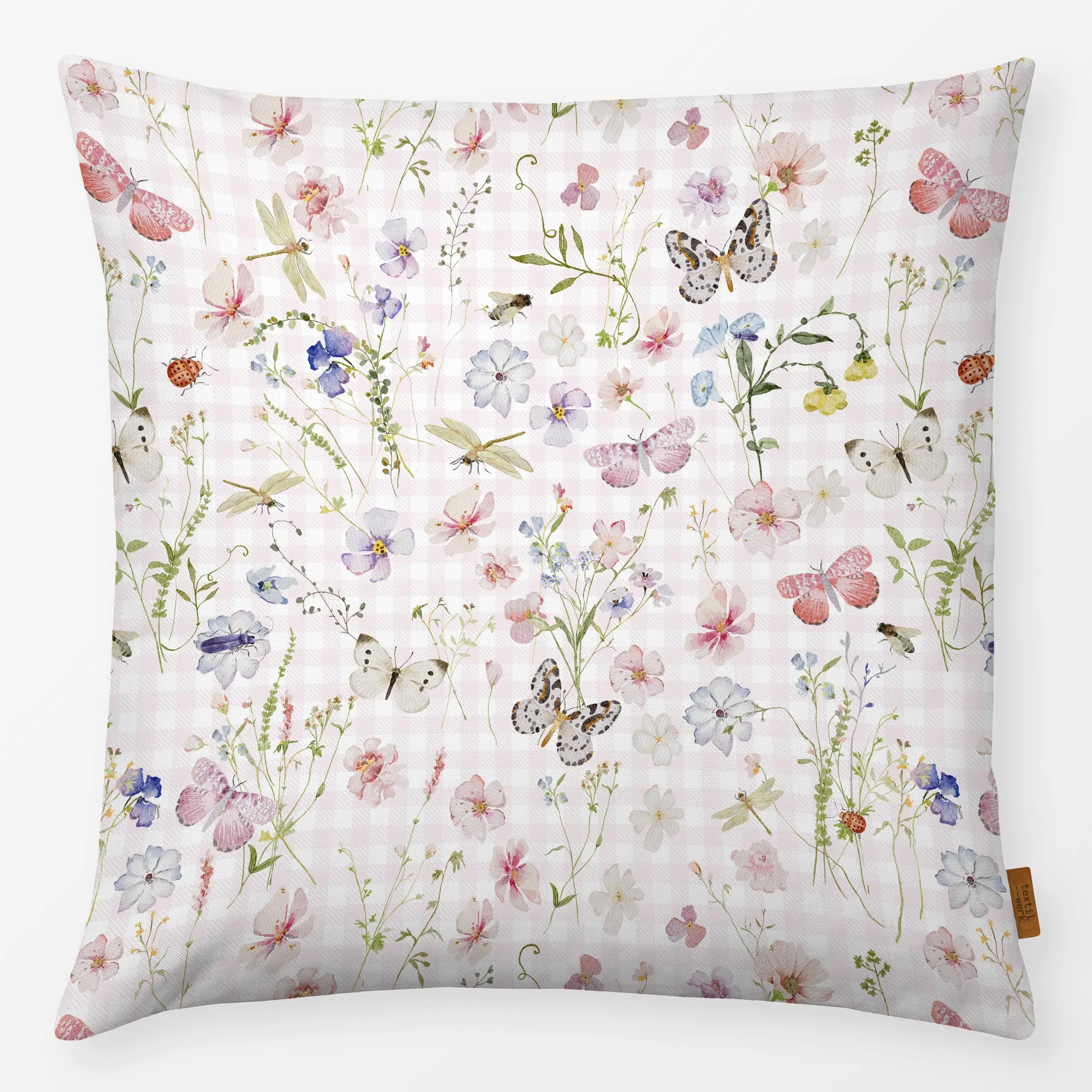 Kissen Rosa Blumenwiese Karo - Frühling, Sommer, Tiere - von „Uta Naumann"; Wasserfarben, Blumen, Garten, Sommerblumen, Somm...