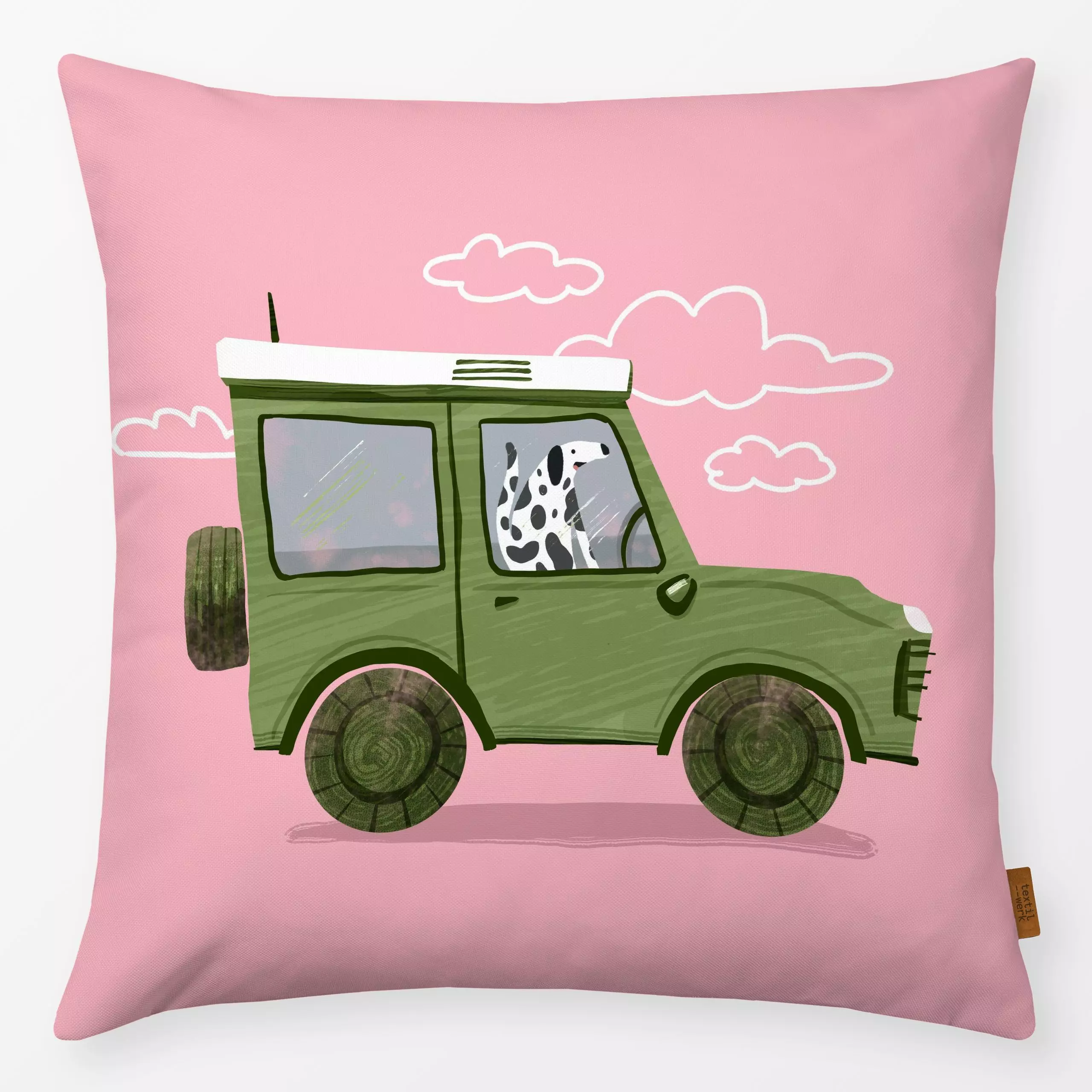 Kissen Hund im Auto rosa - Kinderzimmer & Motive für Kinder, Tiere, Reise - von „Janna Schipper"; rosa, Hund, Kinderzimmer, ...
