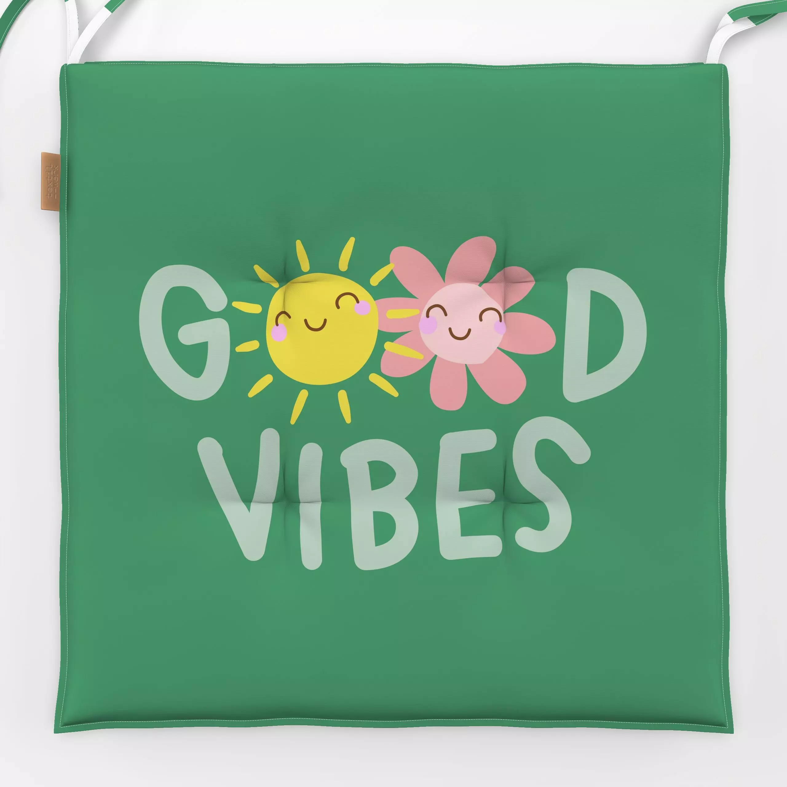 Sitzkissen Good vibes - grün - Sommer, Sprüche & Schriftzüge - von „Heyduda"; Illustration, Blumen, Sonne, Sommer, floral, t...