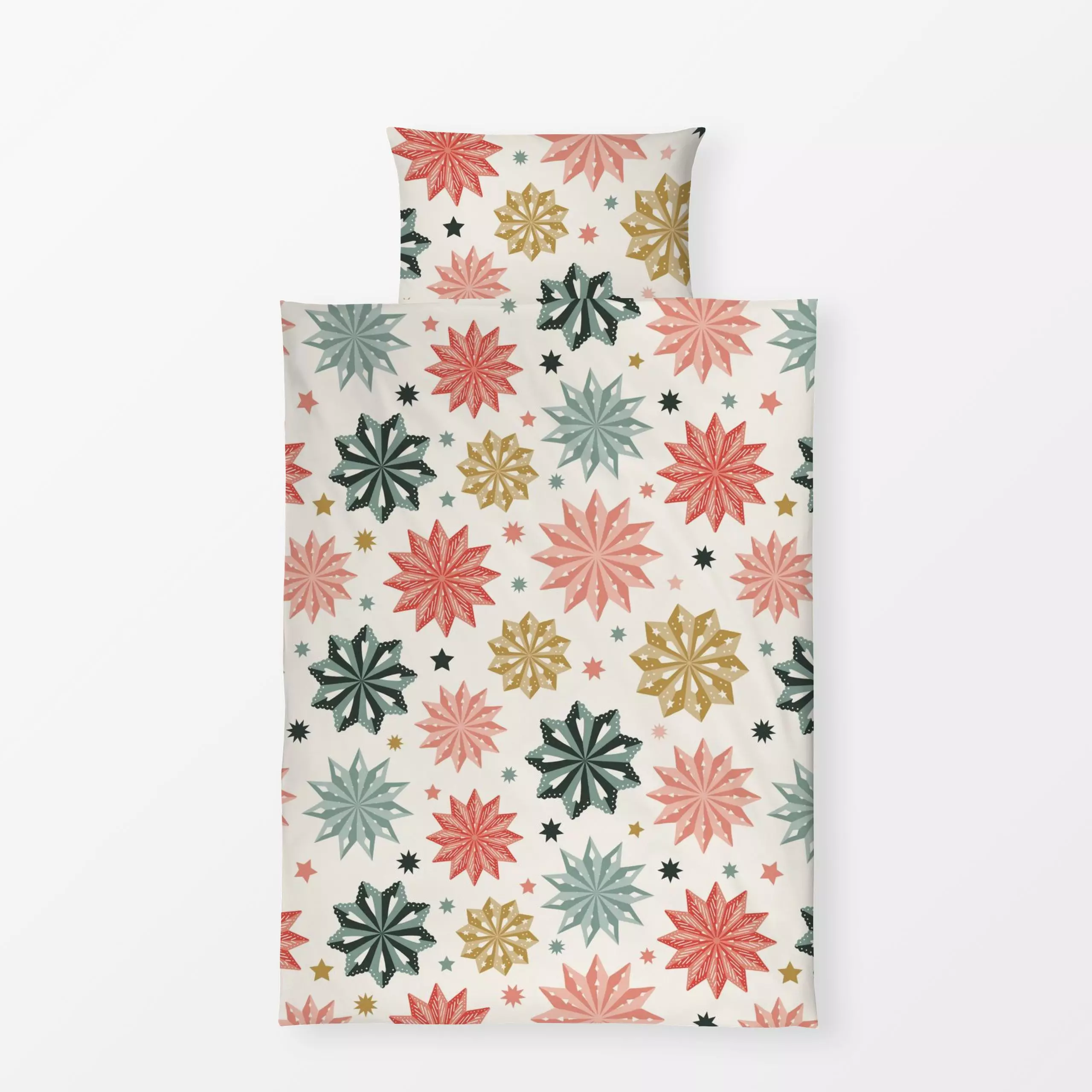 Bettwäsche Papiersternen Bunt - Weihnachten, Winter - von „DEINKI Studio"; Schneeflocken, Sterne, Weihnachten, Winter, bunt,...