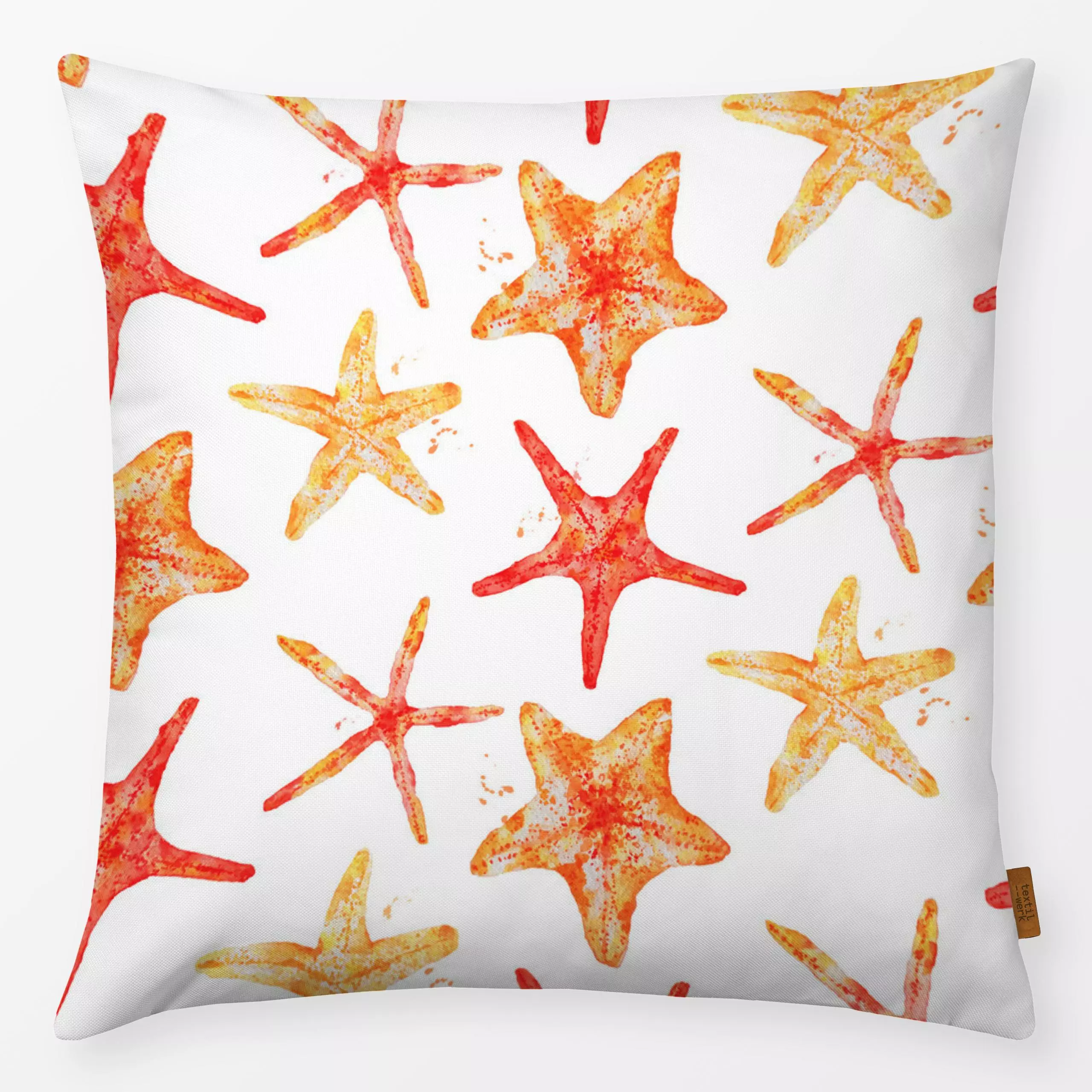 Kissen Starfish - Sommer, Tiere - von „Francesca Querin"; Ozean, Meer, Orange, Meerestiere, rot, maritim, Seestern, Seesterne