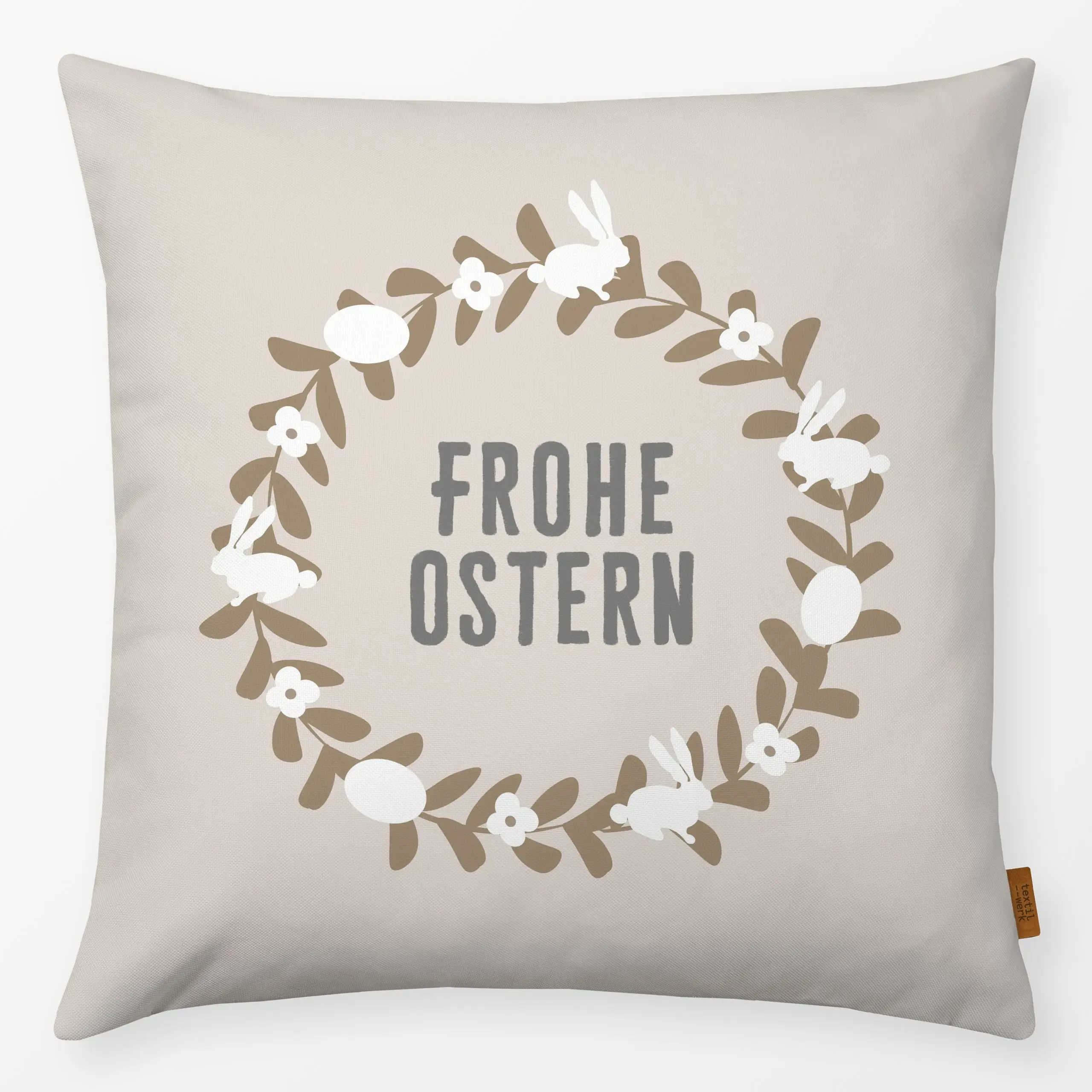 Kissen Osterkranz Hasen Eier Beige - Frühling, Sprüche & Schriftzüge, Ostern - von „Alisa Knöß"; landhaus, Fruehling, FroheO...