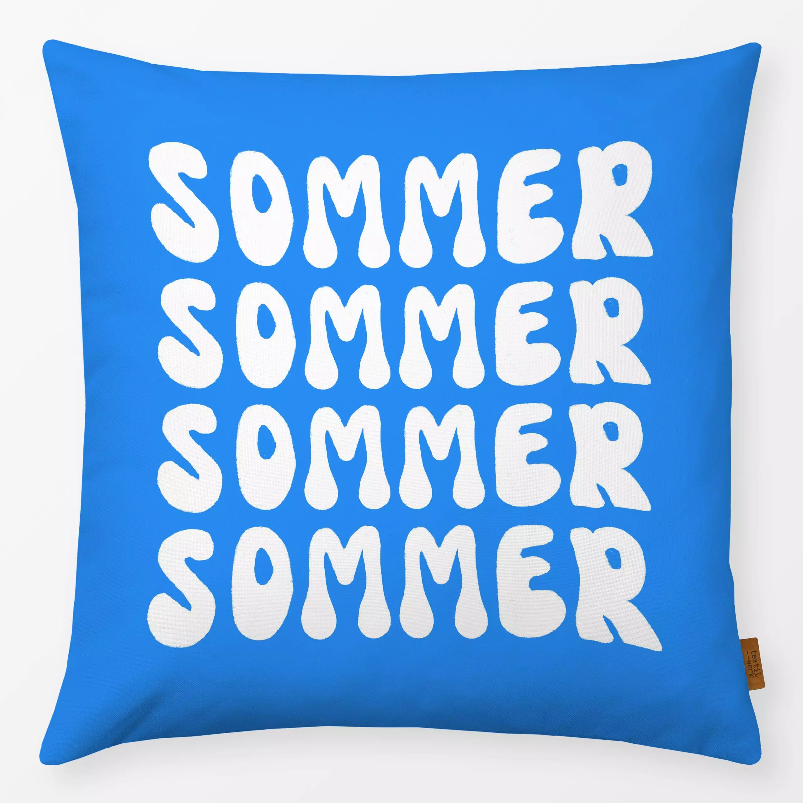 Kissen Sommer Schrift Weiß Azurblau - Sommer, Sprüche & Schriftzüge, Retro & Vintage - von „Alisa Knöß"; Sommer, maritim, ou...