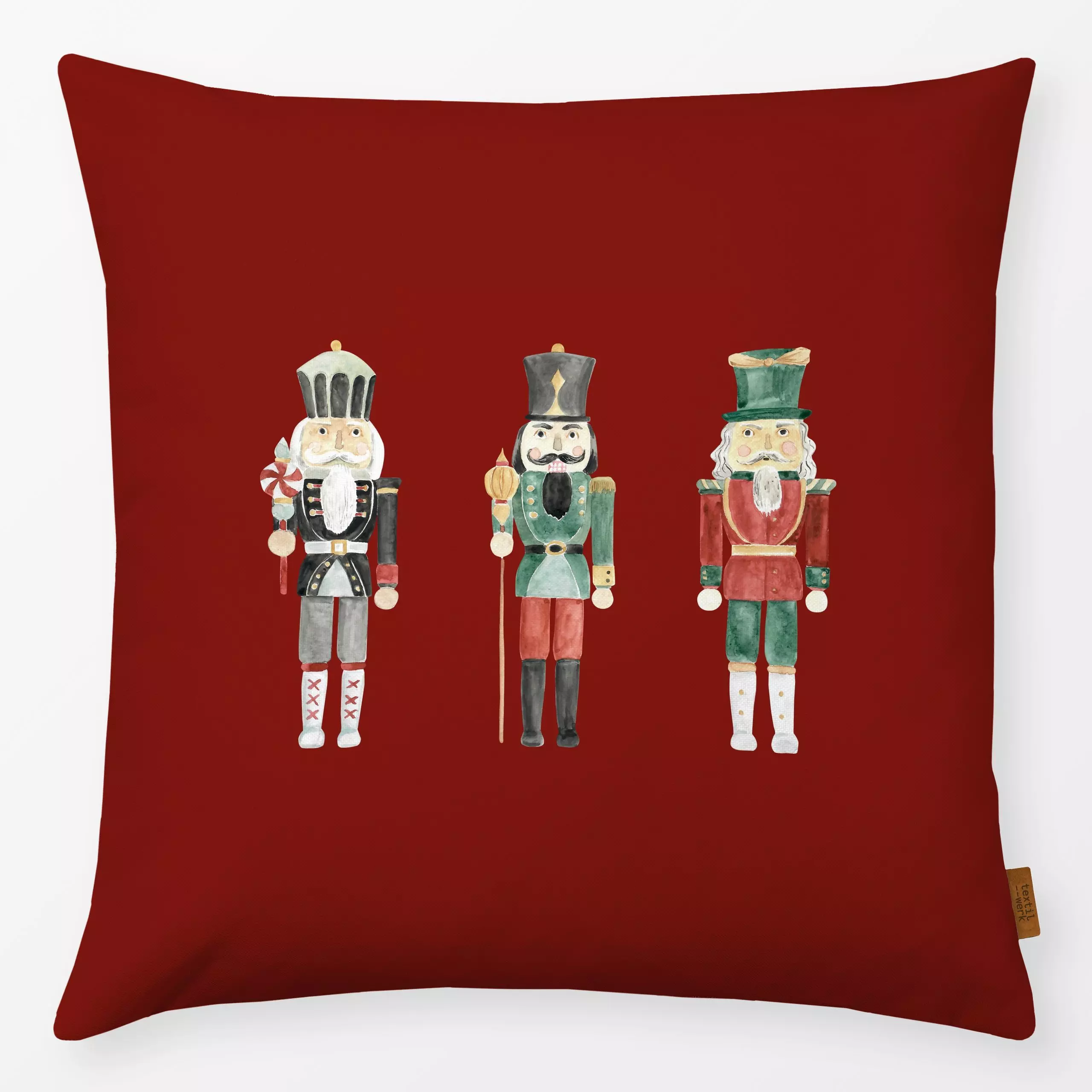 Kissen Drei Nussknacker rot - Weihnachten, Winter - von „Katrin Graff"; Aquarell, vintage, landhaus, Weihnachtsdeko, klassis...