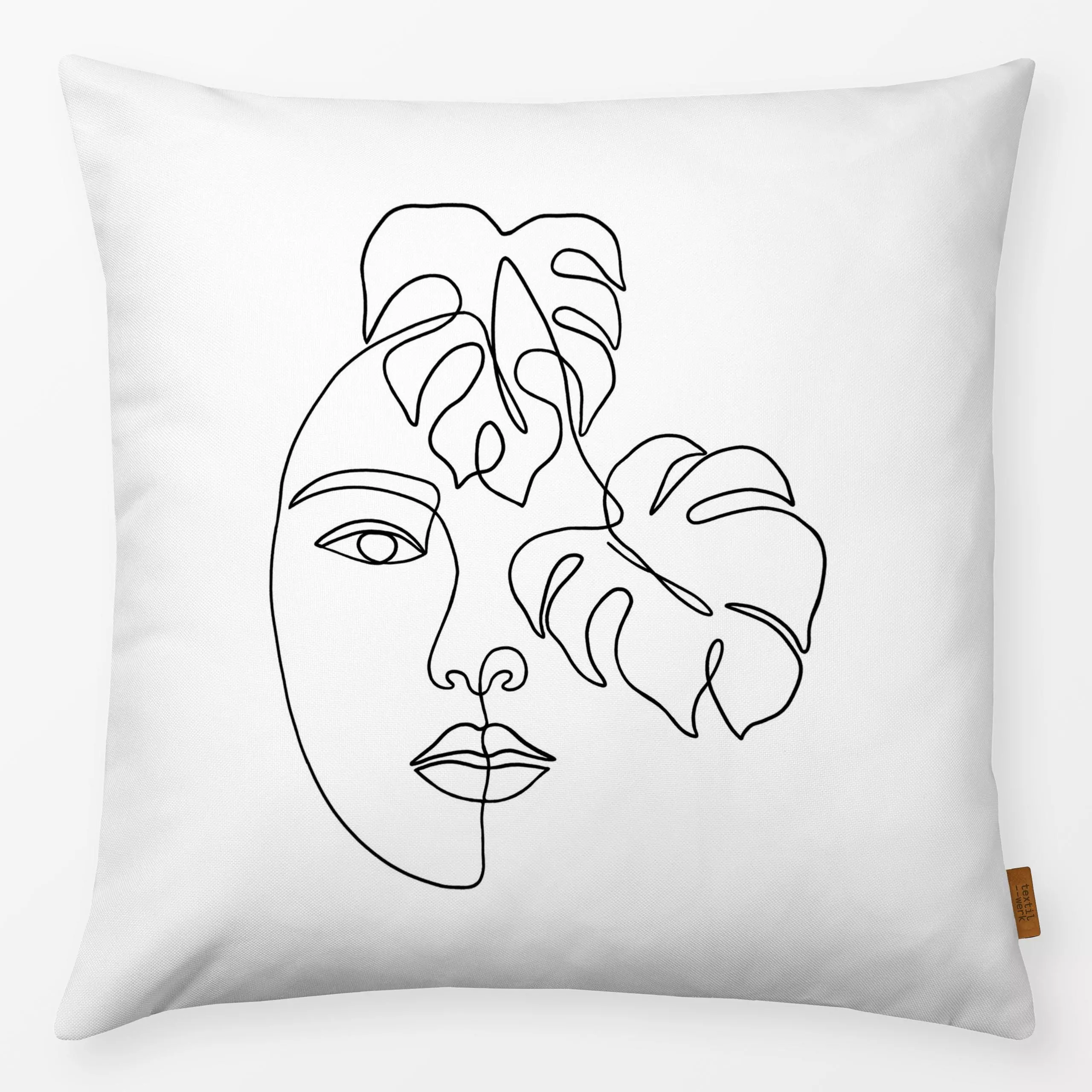 Kissen Line Art Gesicht mit Monstera - Symbole & Muster, Pflanzen & Botanik - von „Alva & Ida"; boho, linie, Illustration, P...