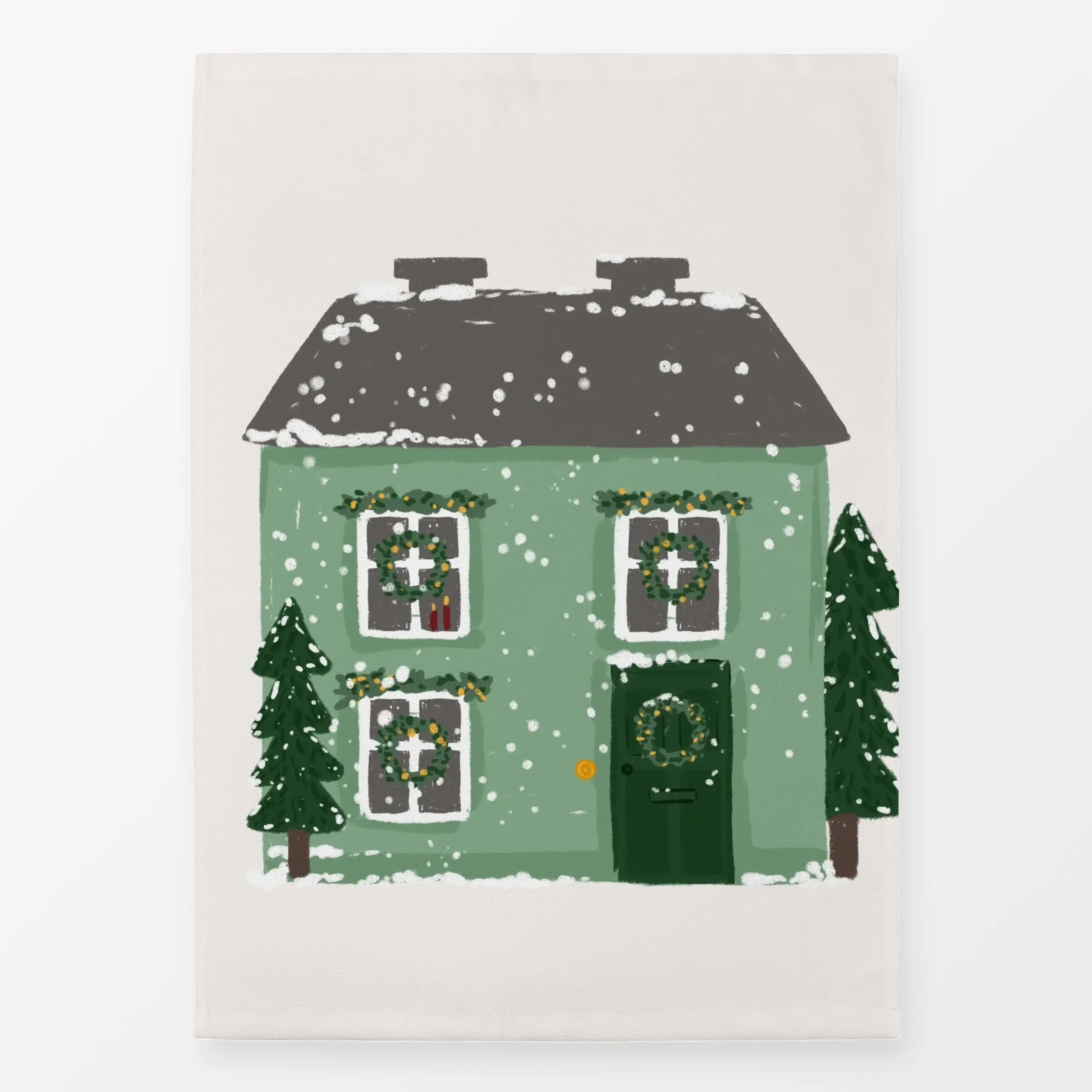 Geschirrtücher Häuschen grün - Weihnachten, Winter - von „Kruth Design"; Weihnachtsbaum, Weihnachten, Haus, Scandi, Schnee, ...