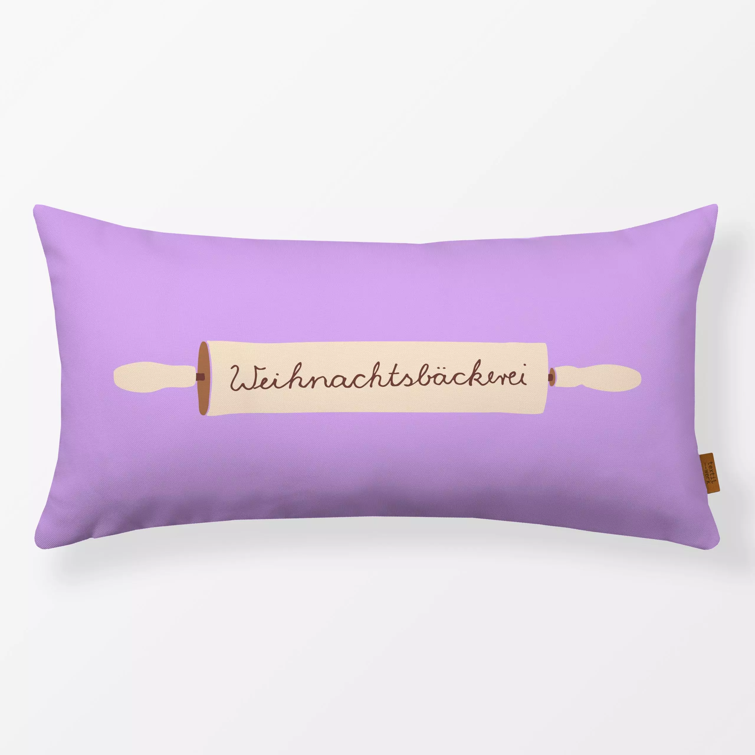 Kissen Nudelholz lila - Sprüche & Schriftzüge, Winter - von „Julia Schumacher"; Winter, Backen, Handschrift, Weihnachtsbaeck...
