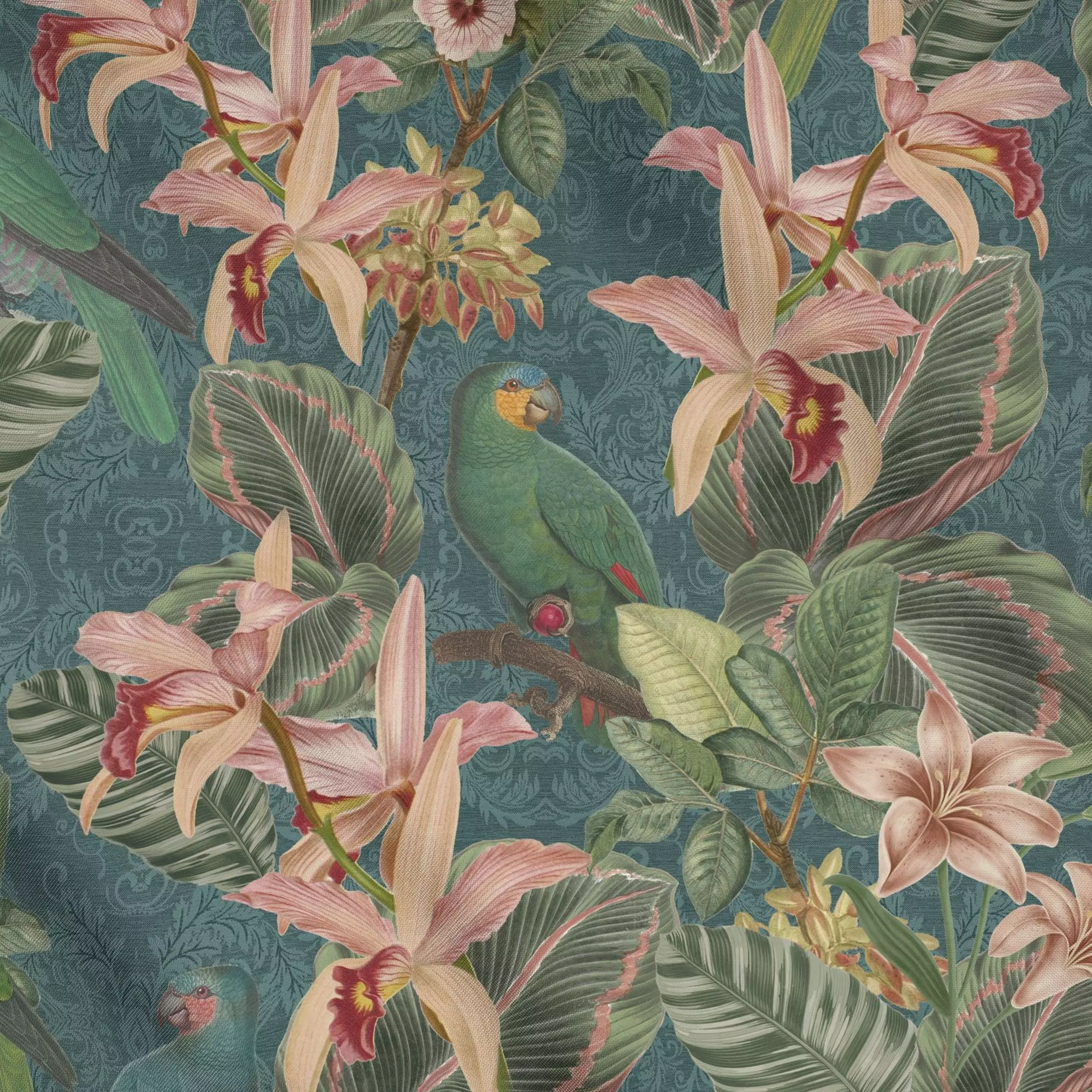 Meterware Vintage Dschungel Vögeln teal - Blumen & Florales, Tiere, Pflanzen & Botanik - von „Bloomery Decor"; Papagei, trop...