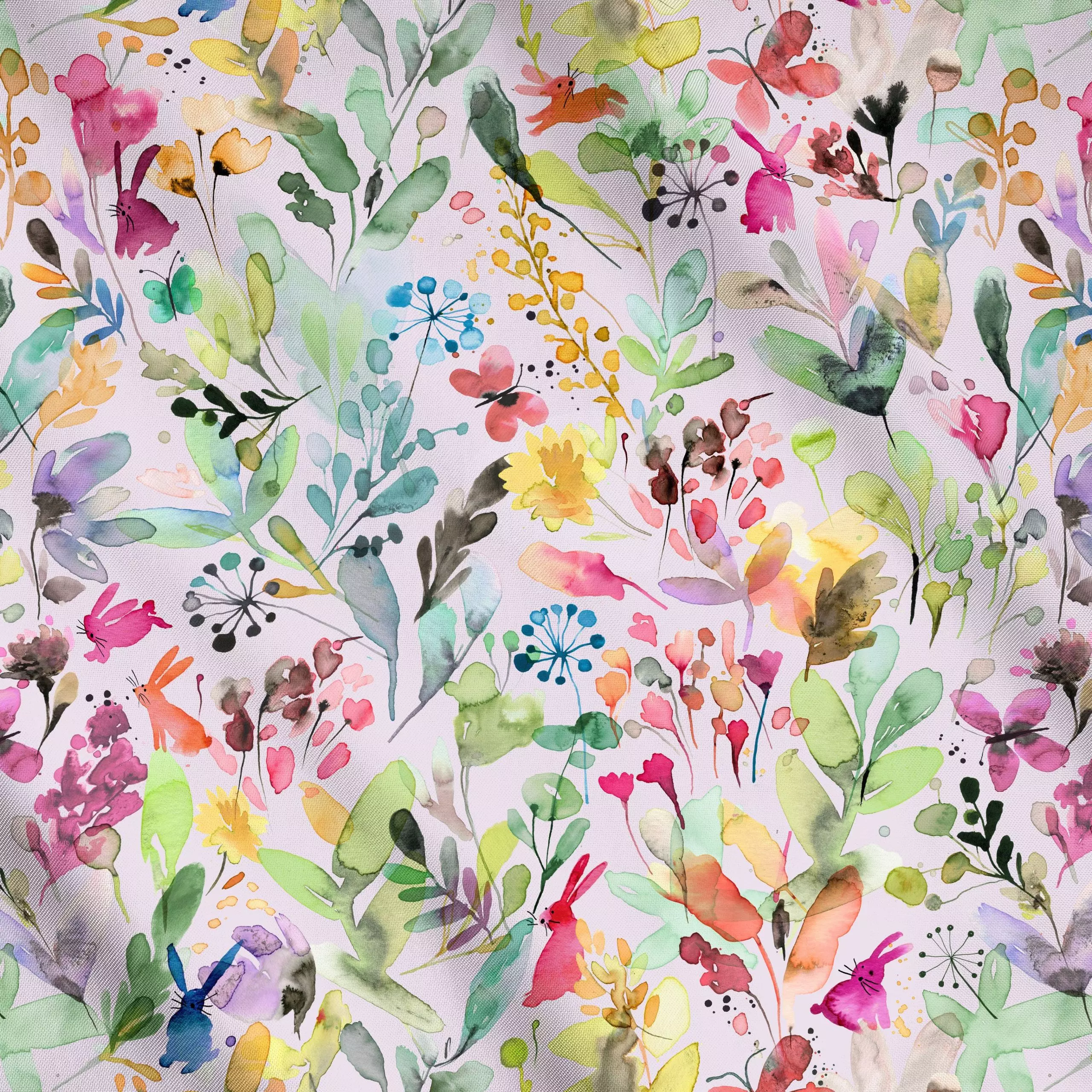 Meterware Wild Flowers Meadow Pink, Blumen, Tiere, Sommer, von Ninola Design