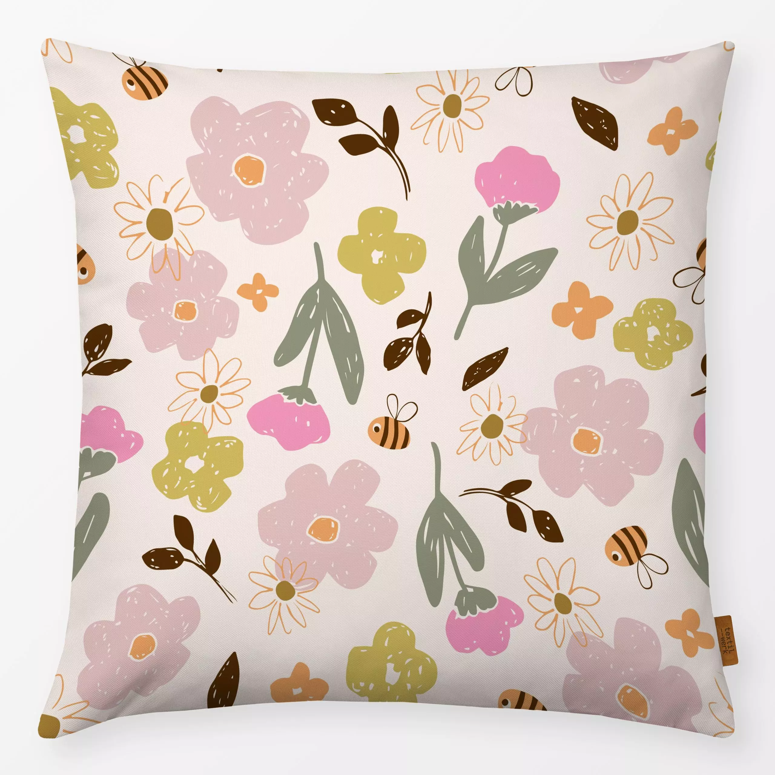 Kissen Bees And Blooms green pink - Kinderzimmer & Motive für Kinder, Symbole & Muster - von „Kathrin Woo"; Kinder, modern, ...