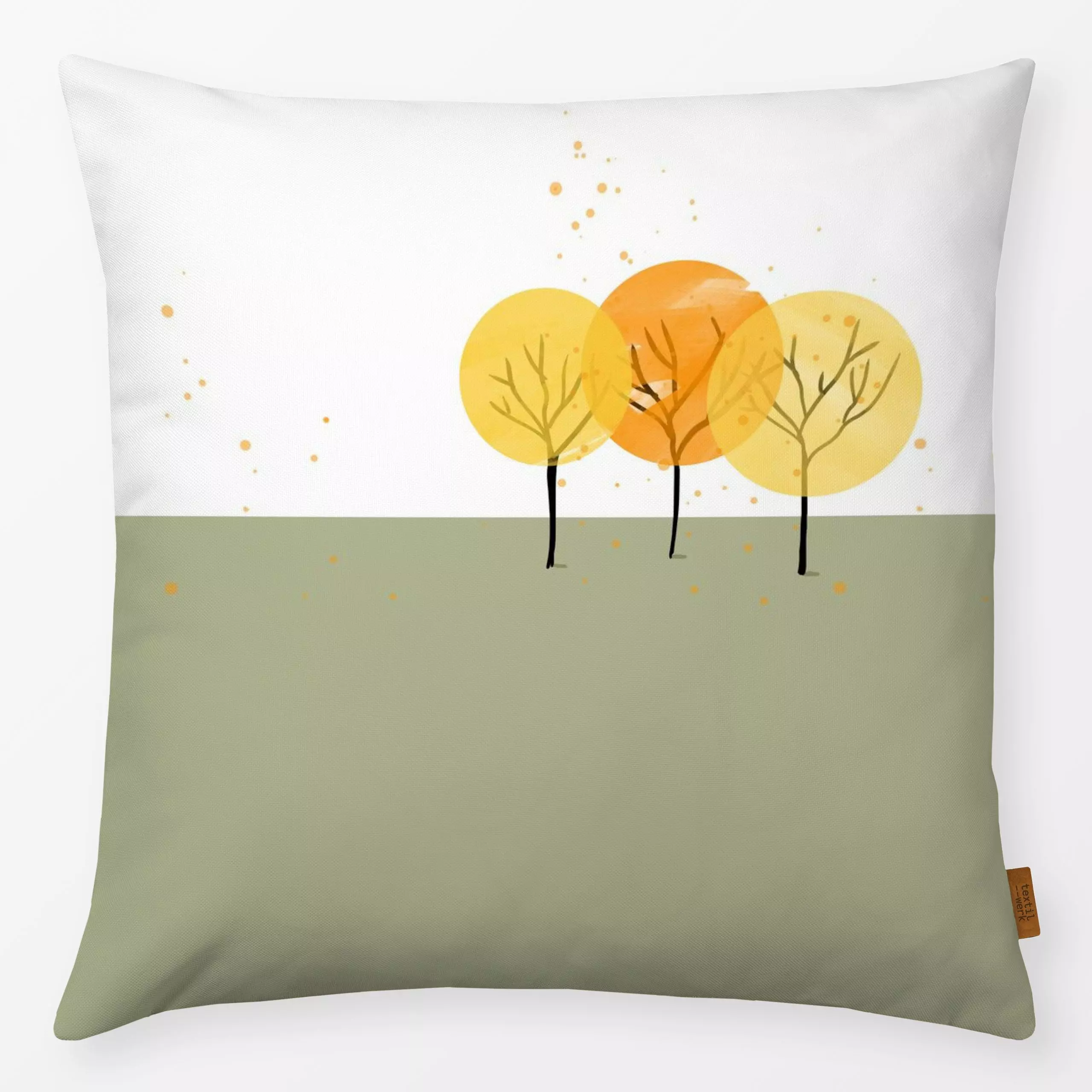 Kissen Drei Herbst Bäume - Herbst, Pflanzen & Botanik - von „Julia Reyelt"; Aquarell, Natur, Textur, linie, Blatt, Punkte, B...