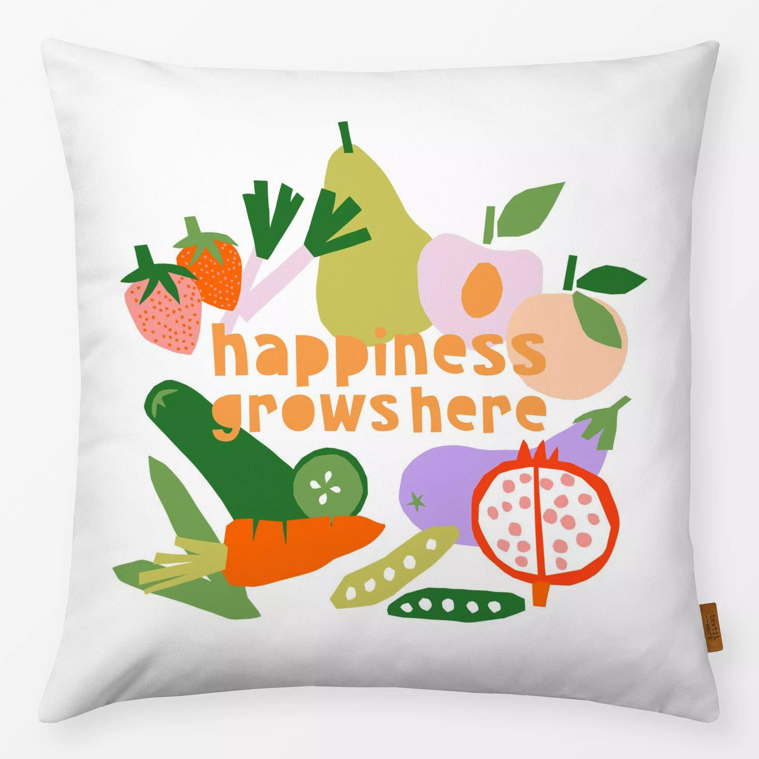Kissen Happiness grows here - von „Lisa Jasmin Bauer"; Obst, Pfirsisch, Erdbeeren, Sommerlich, Gartendeko, cutouts, Gemuese,...