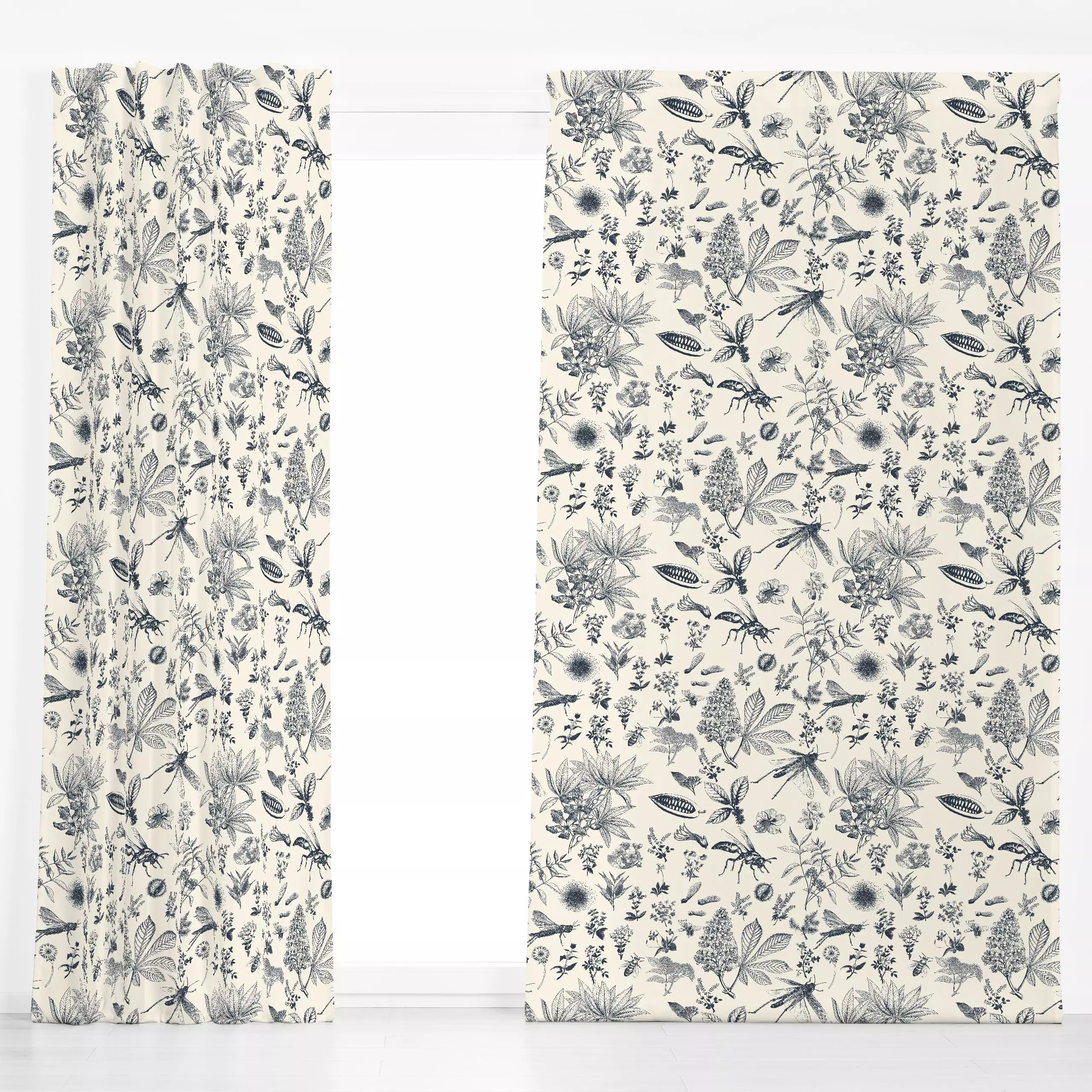 Dekovorhang Insect Garden midnight - Tiere, Pflanzen & Botanik - von „Julia Schumacher“; Retro, Pusteblume, vintage, Bienen,...