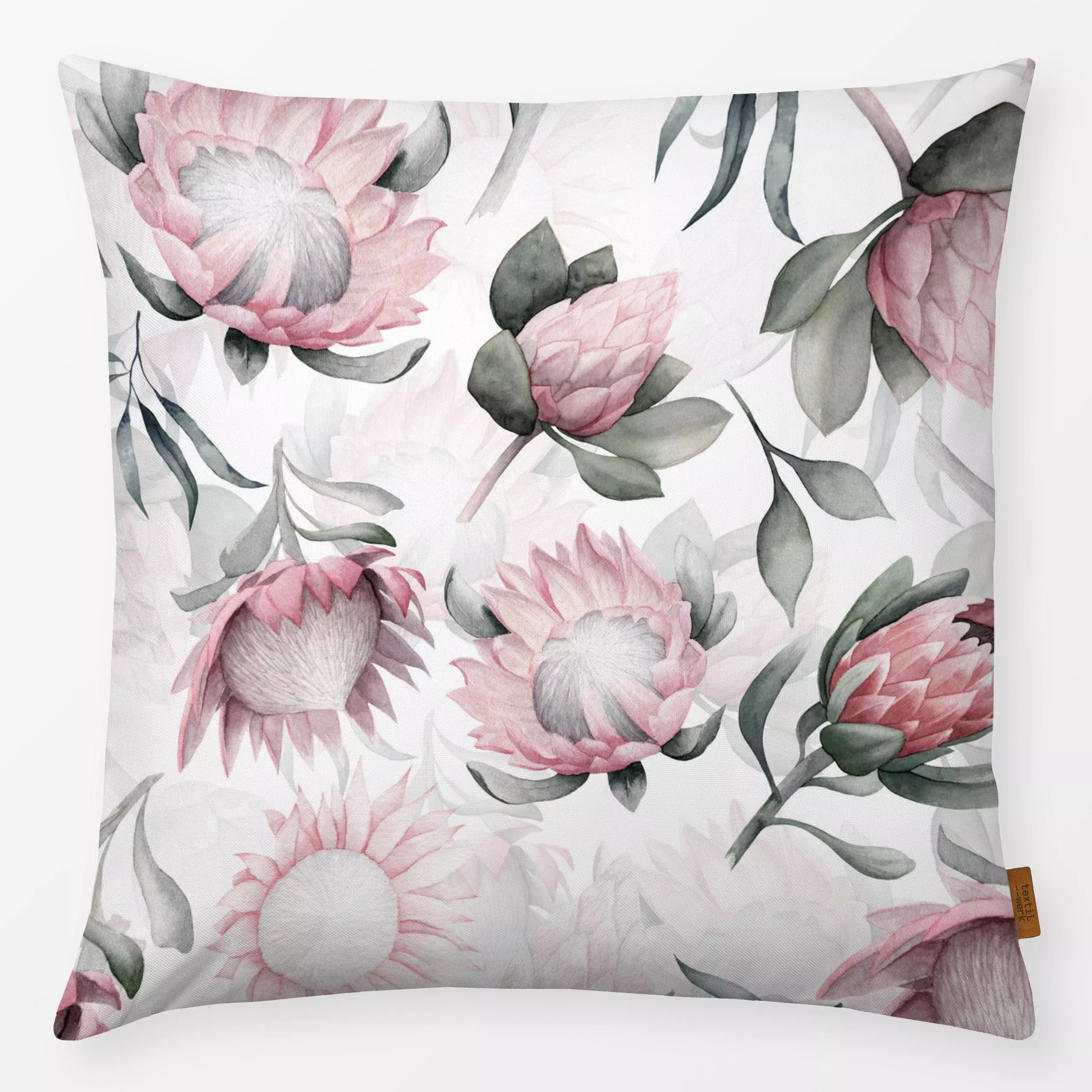 Kissen Pastel Protea Muster - Blumen & Florales, Sommer - von „Uta Naumann"; boho, Muster, Wasserfarben, Aquarell, Zweig, Na...