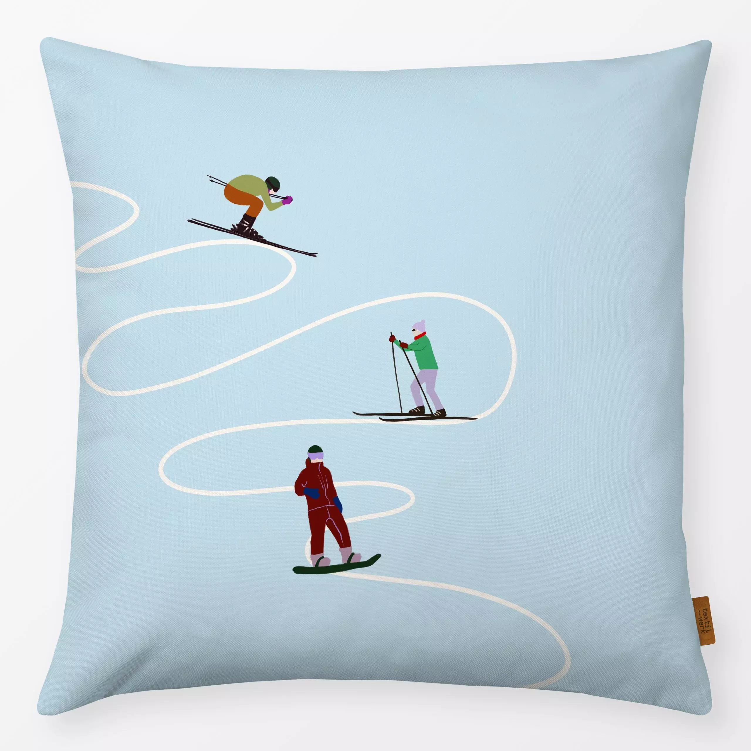 Kissen Skihang Hellblau - Sport, Winter - von „Sophie Augustin Illustration"; Ski, Winter, Schnee, Sport, Wintersport, snowb...