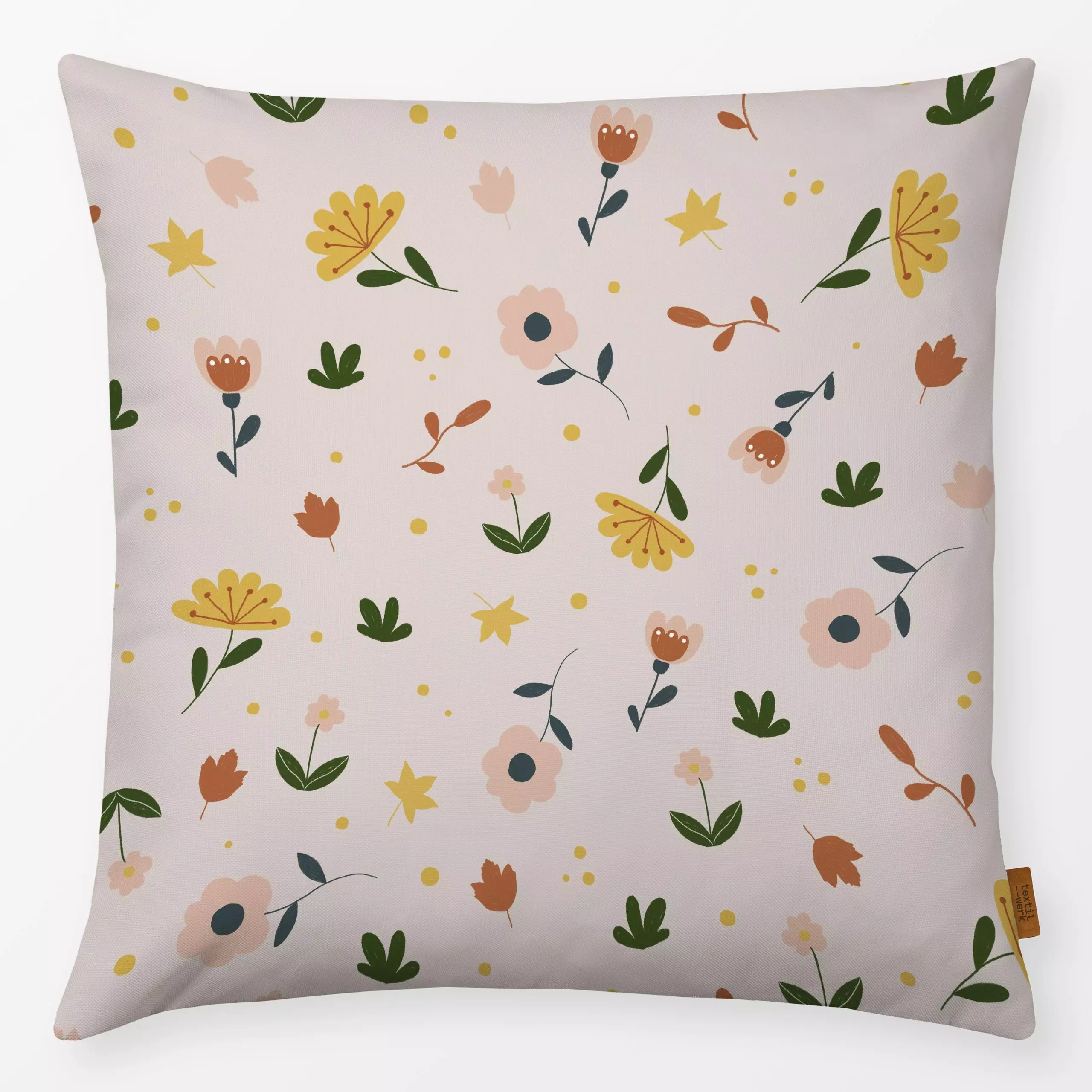 Kissen Flowers and Leaves - Blumen & Florales - von „Menina Lisboa "; Blumen, Blätter, Wildblumen, Kinderzimmer, gelb, flora...