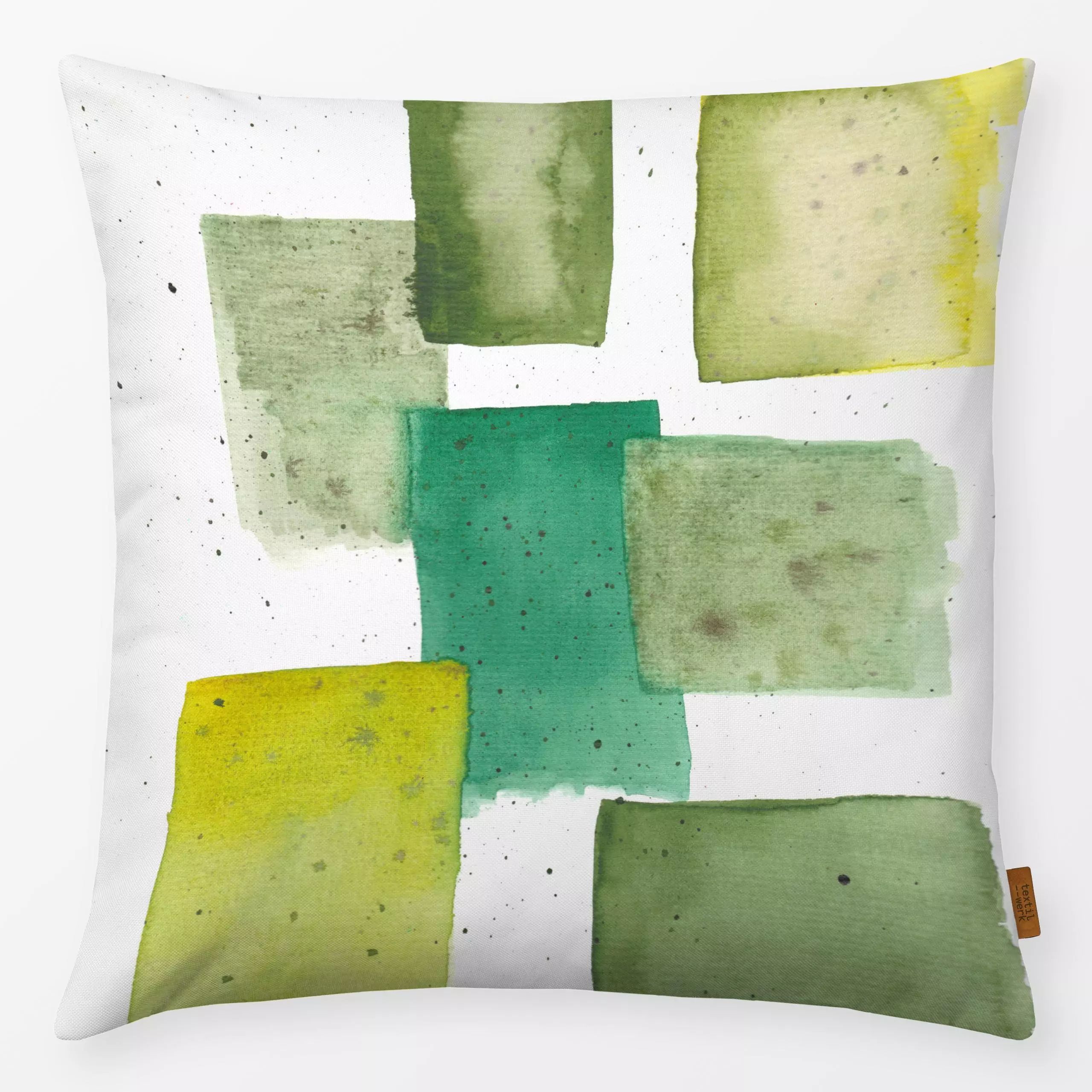 Kissen Cyra 05 - Symbole & Muster - von „Froilein Juno"; Muster, Wasserfarben, Aquarell, Punkte, Dots, formen, gelb, grun