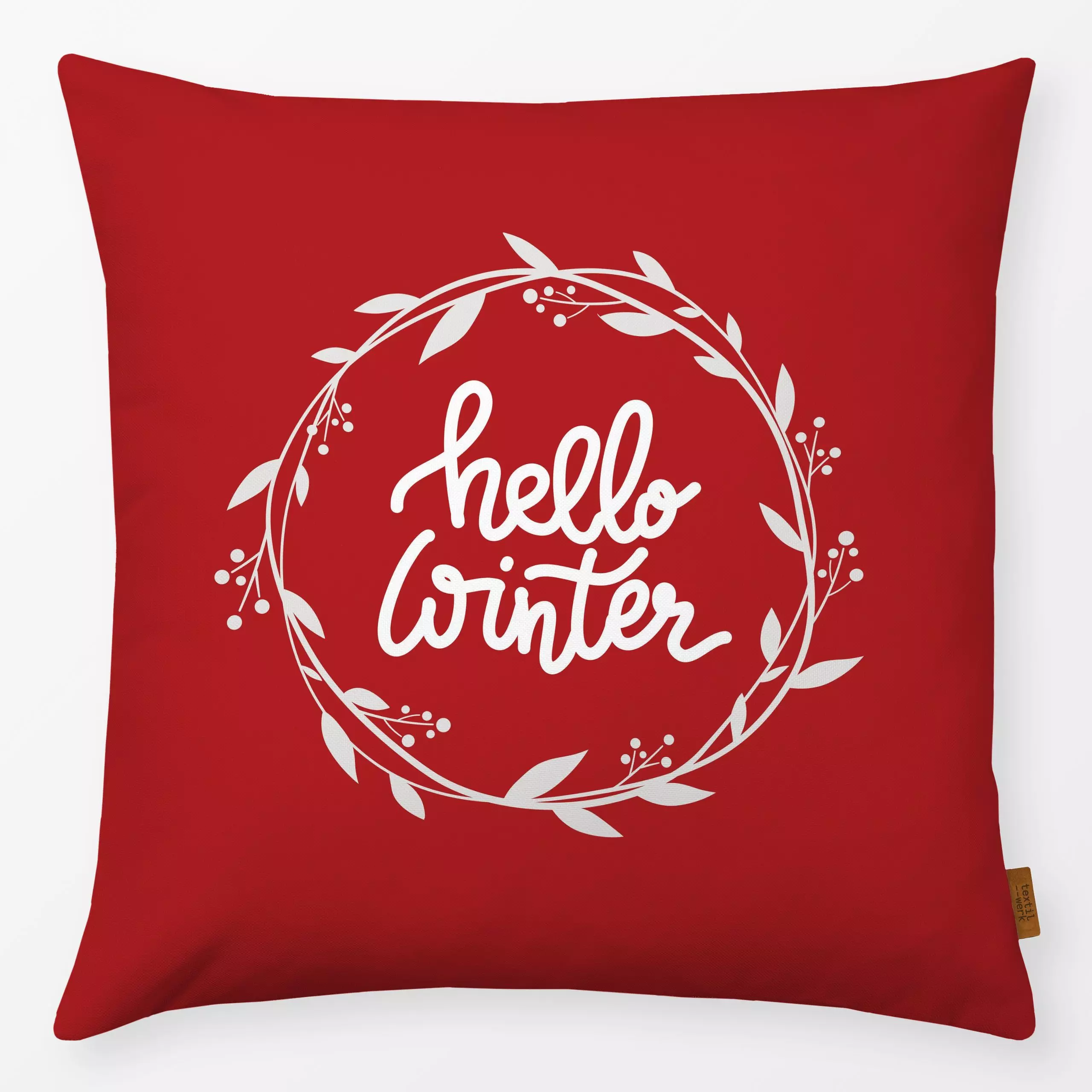 Kissen hello winter - rot - Sprüche & Schriftzüge, Weihnachten - von „Heyduda"; Weihnachten, Winter, kranz, weihnachtskranz,...