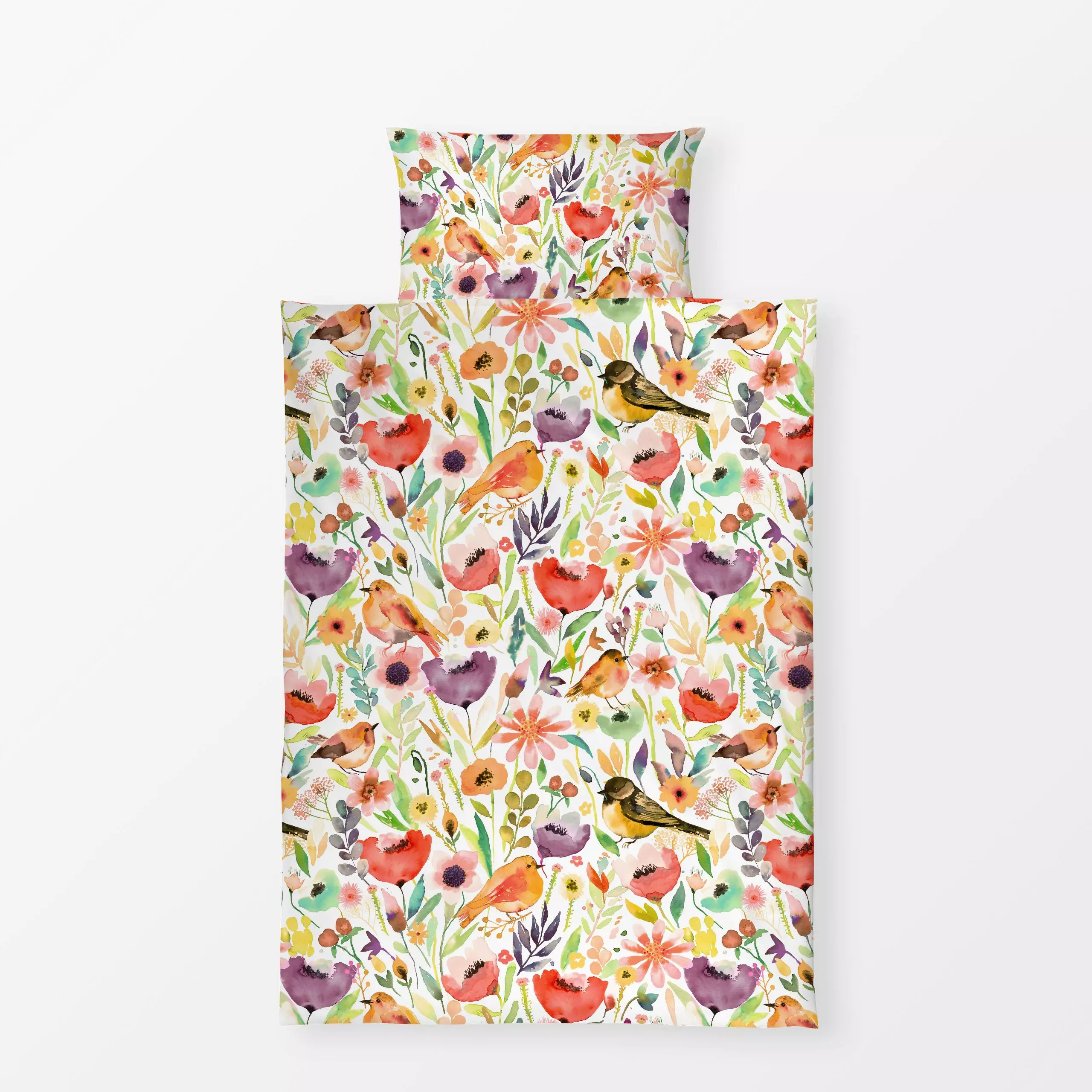 Bettwäsche Whimsical Meadow Birds Fall - Blumen & Florales, Tiere - von „Ninola Design "; Aquarell, Natur, Blumen, Wald, Coz...