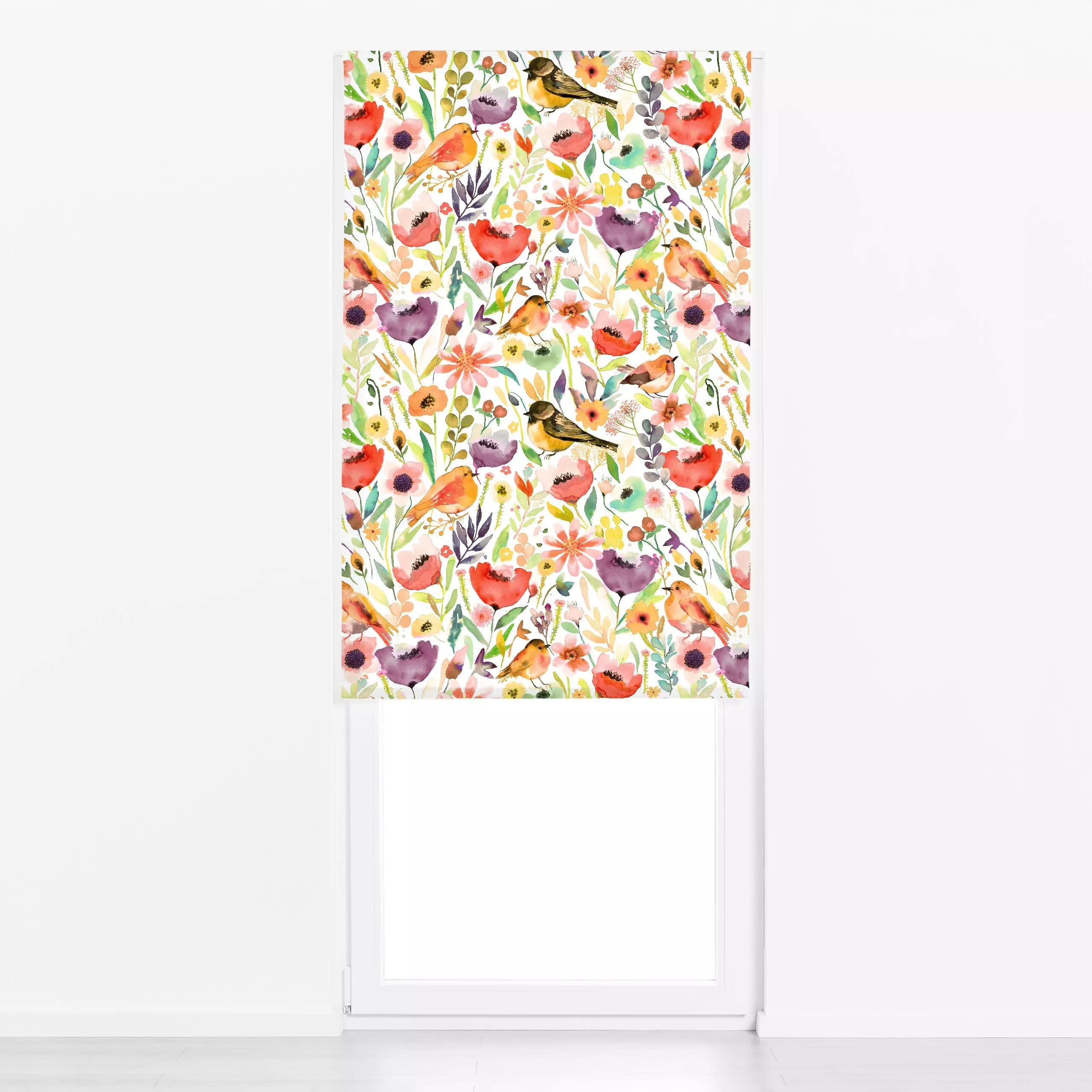 Raffrollo Whimsical Meadow Birds Fall - Blumen & Florales, Tiere - von „Ninola Design "; Aquarell, Natur, Blumen, Wald, Cozy...