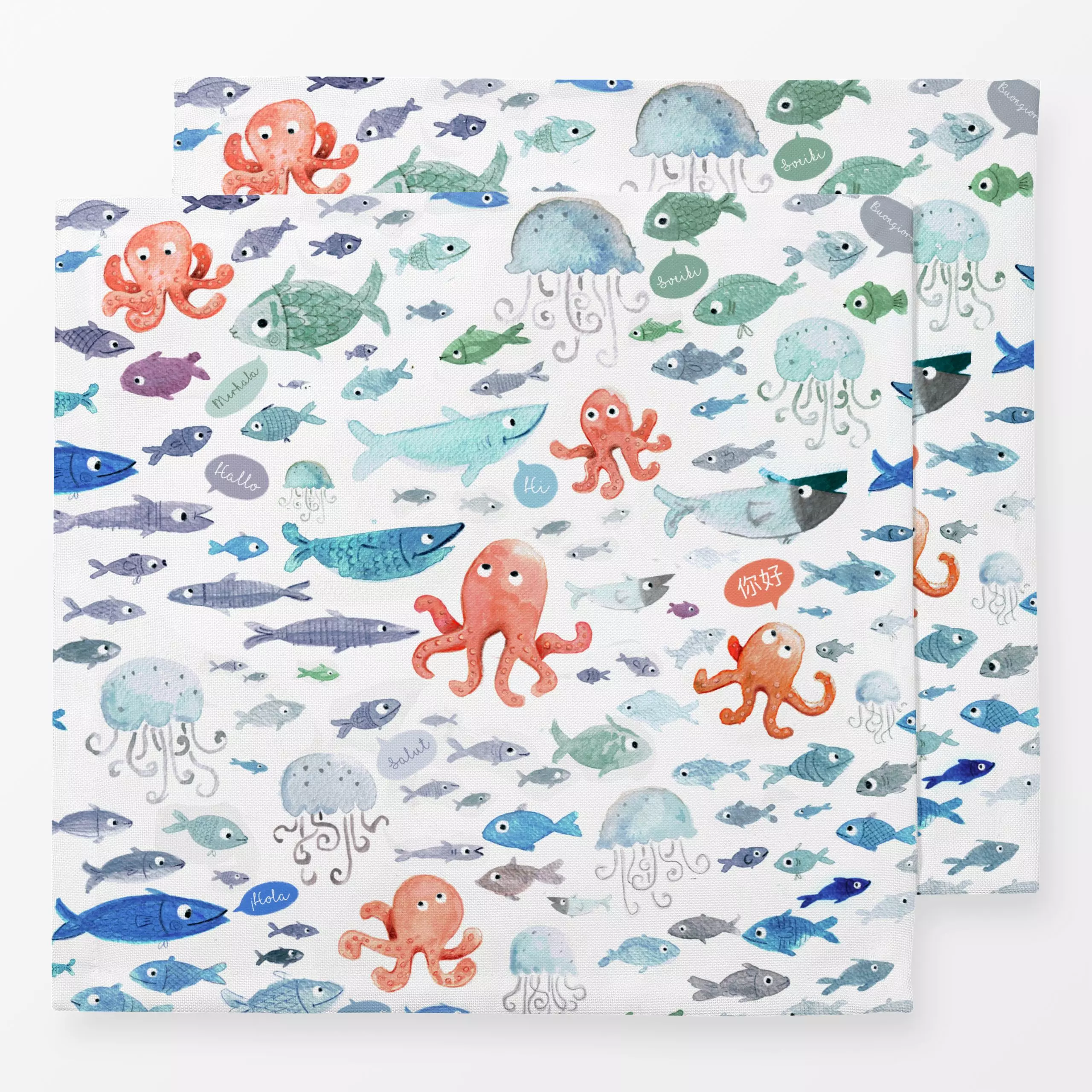 Servietten fischequallenoktopus-seamless - Kinderzimmer & Motive für Kinder, Tiere - von „Heyduda"; Wasserfarben, Aquarell, ...