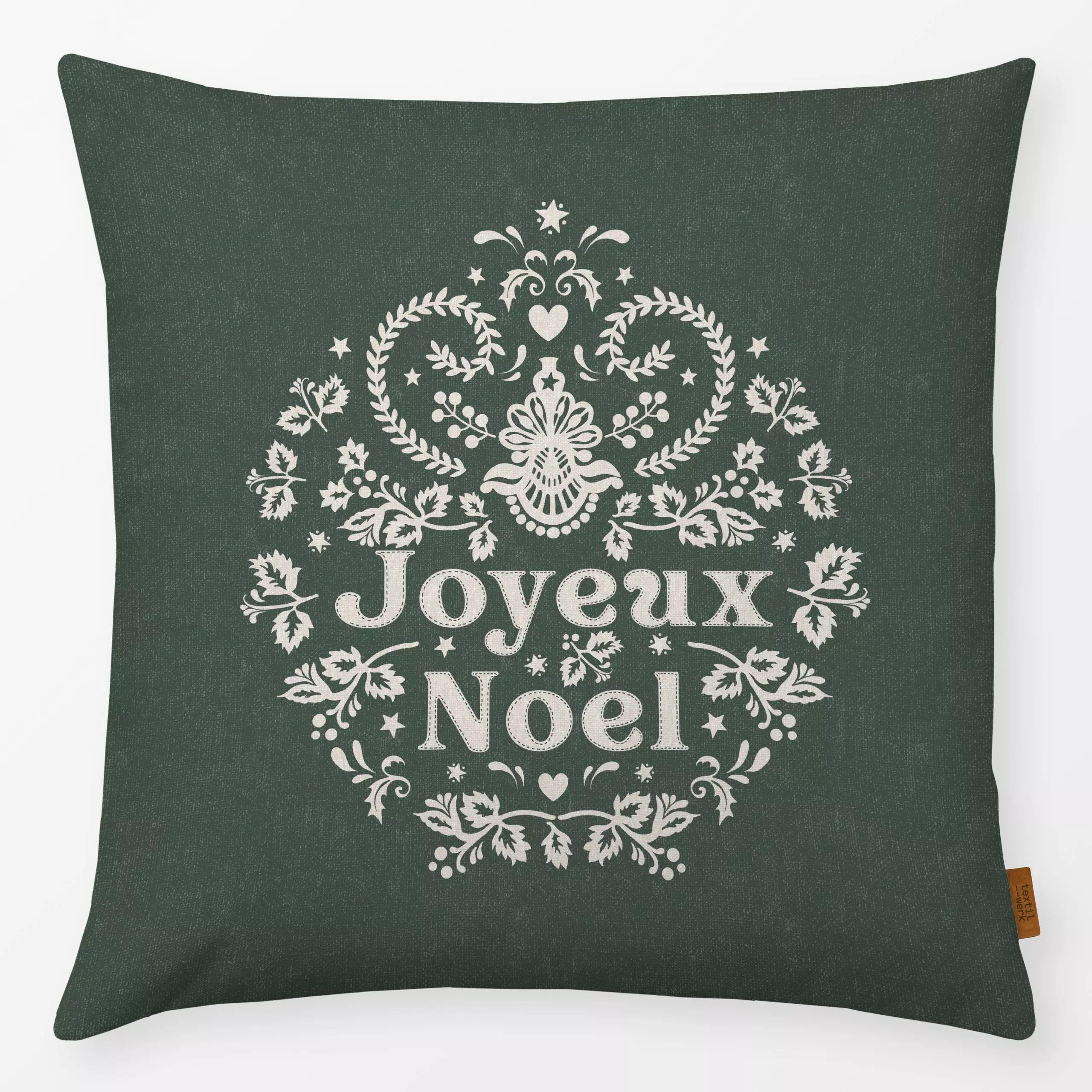 Kissen Folk Weihnachtskranz Grun - Sprüche & Schriftzüge, Weihnachten, Winter - von „Bloomery Decor"; Merry Christmas, Tanne...