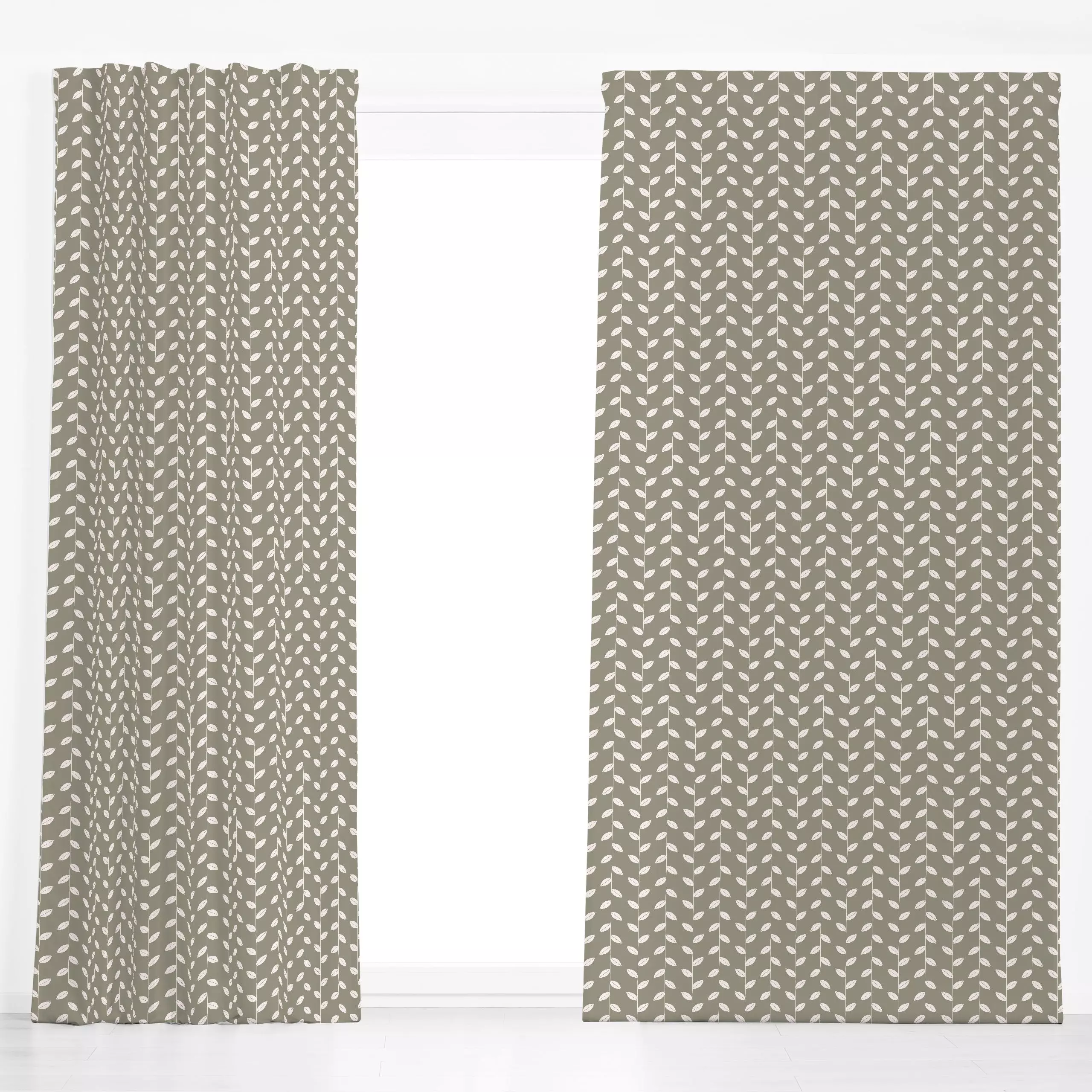 Dekovorhang Blätter Beige Grün - Herbst, Symbole & Muster, Pflanzen & Botanik - von „Kathrin Woo"; minimal, Linien, Blätter,...