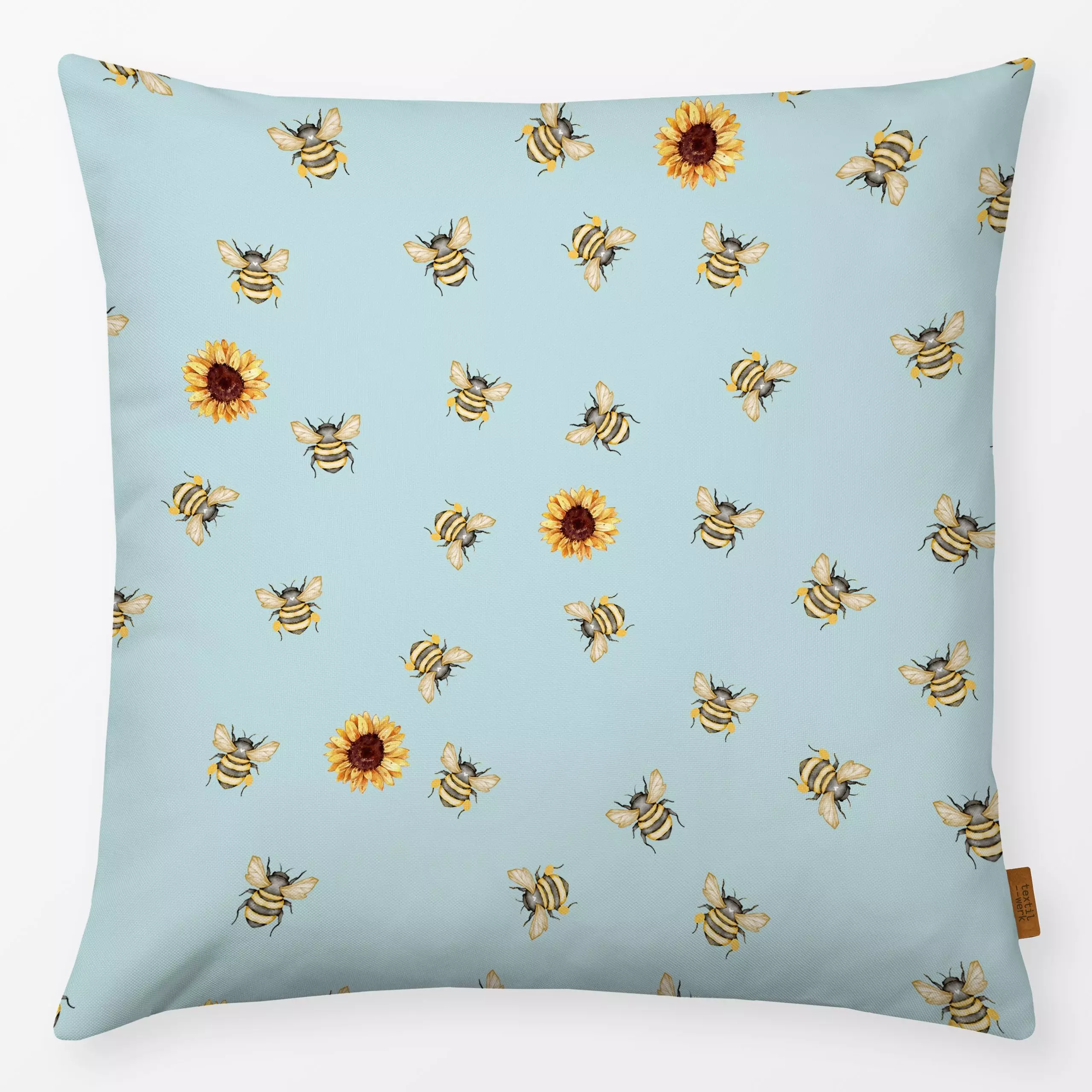 Kissen Cottage Summer Bienenliebe - Blumen & Florales, Sommer, Tiere - von „Monika Strigel"; Muster, sonnenblumen, Bienen, h...