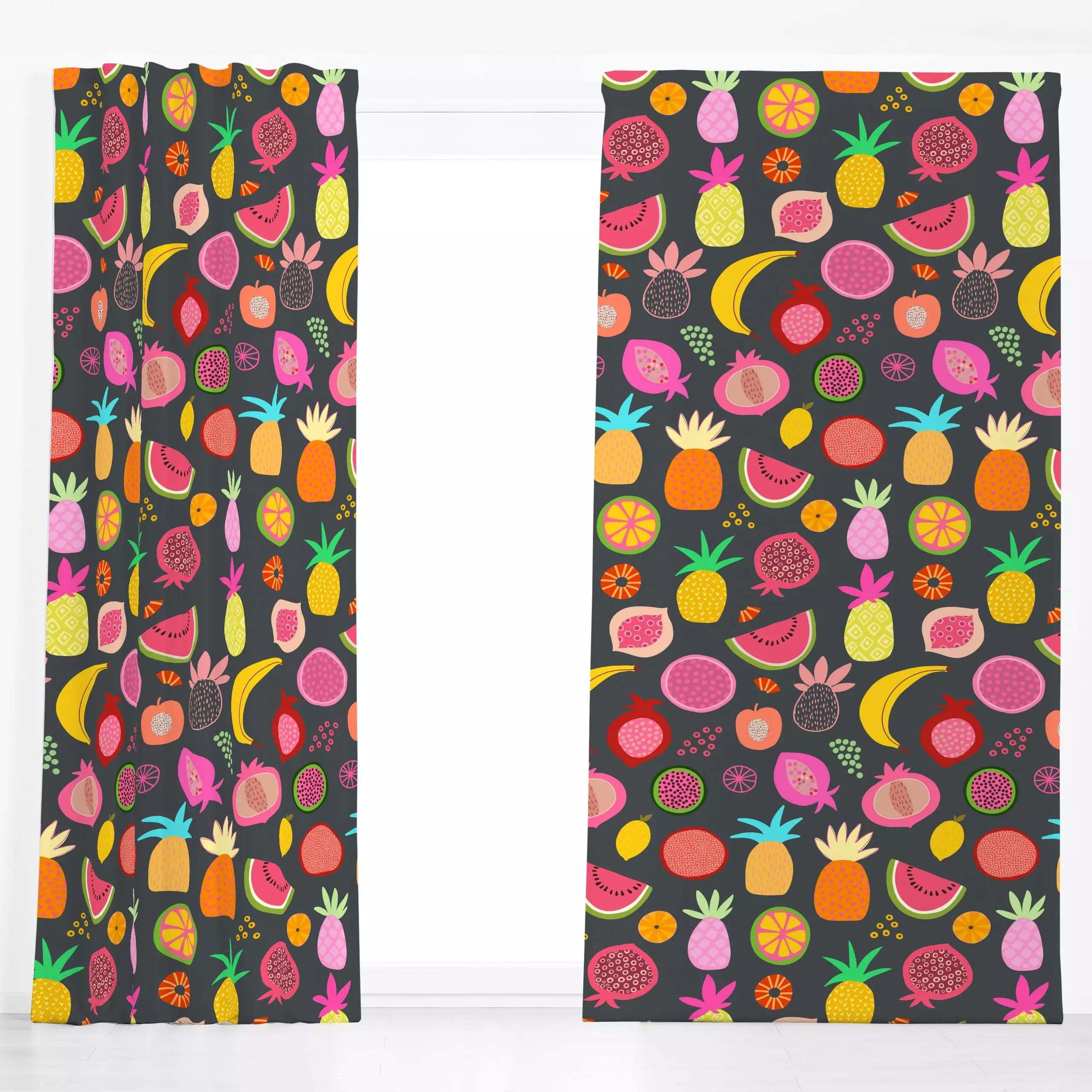 Dekovorhang Exotic Fruit Paradise grey - Sommer - von „Andrea Haase"; Frucht, Obst, Bananenpalme, Ananas, Melone, tropisch, ...