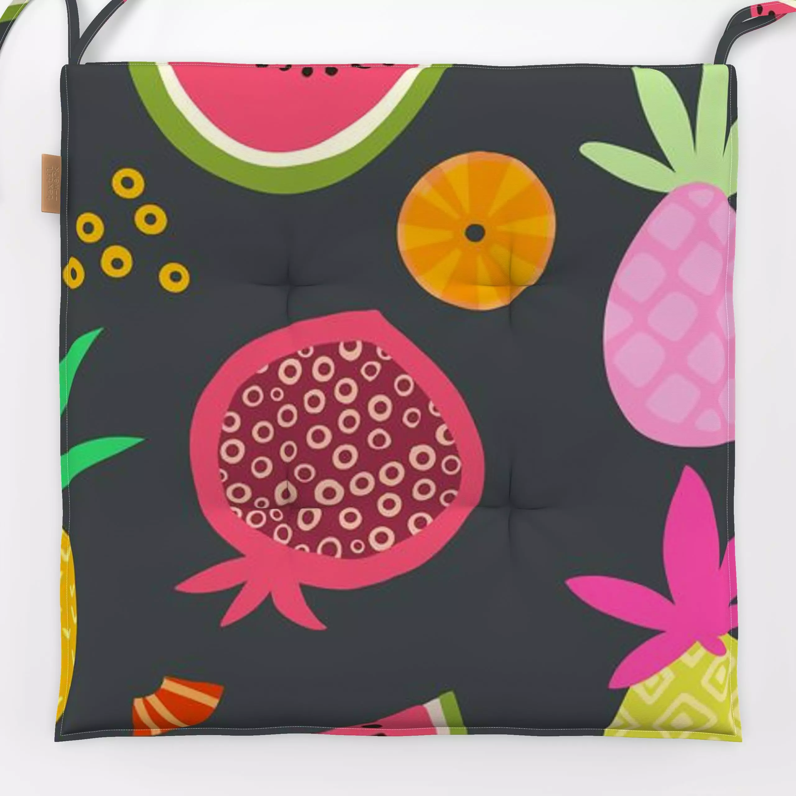 Sitzkissen Exotic Fruit Paradise grey - Sommer - von „Andrea Haase"; Frucht, Obst, Bananenpalme, Ananas, Melone, tropisch, e...
