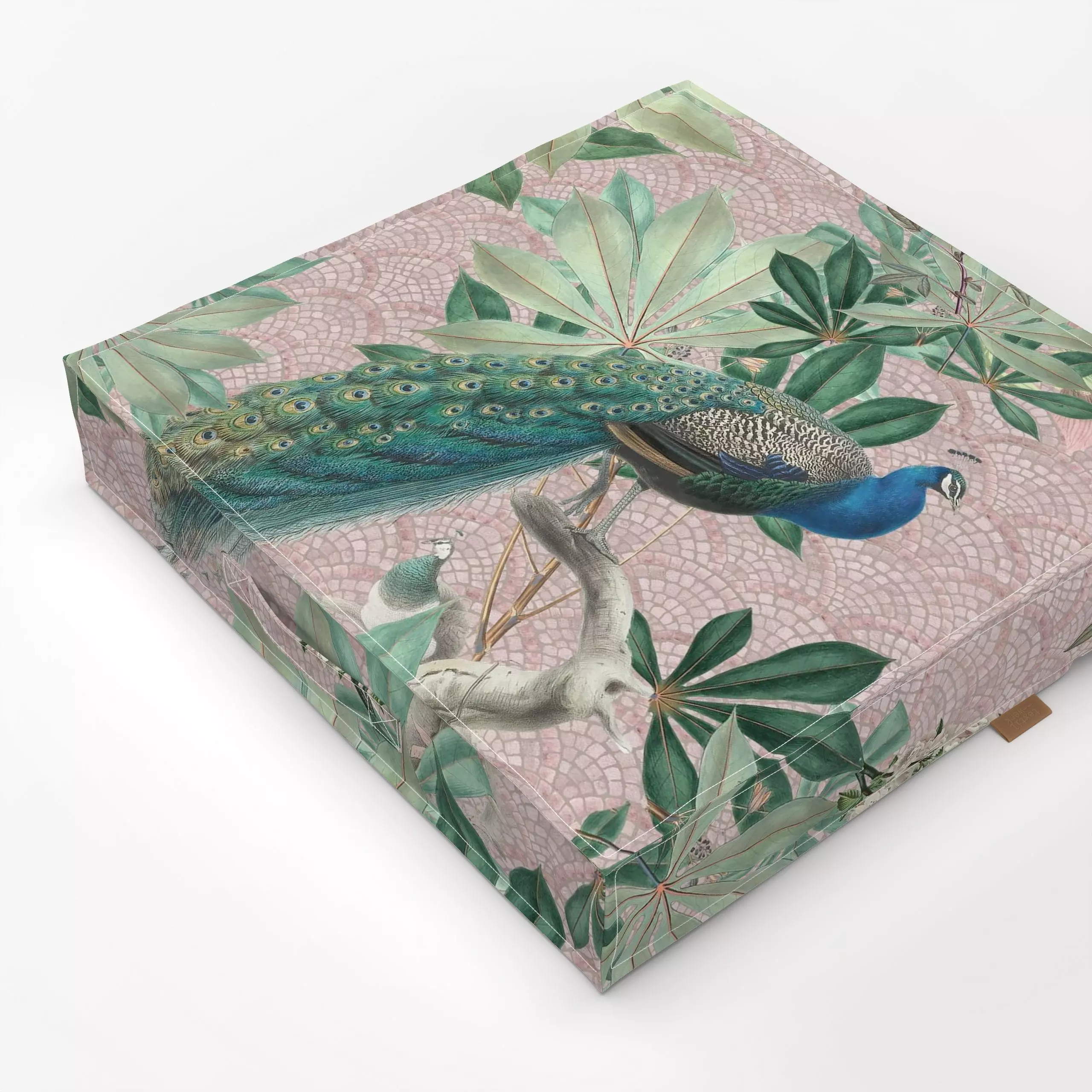 Bodenkissen Barock Pfauen Paradies Rosa - Blumen & Florales, Tiere, Retro & Vintage - von „Bloomery Decor"; Pfau, Jungle, pe...