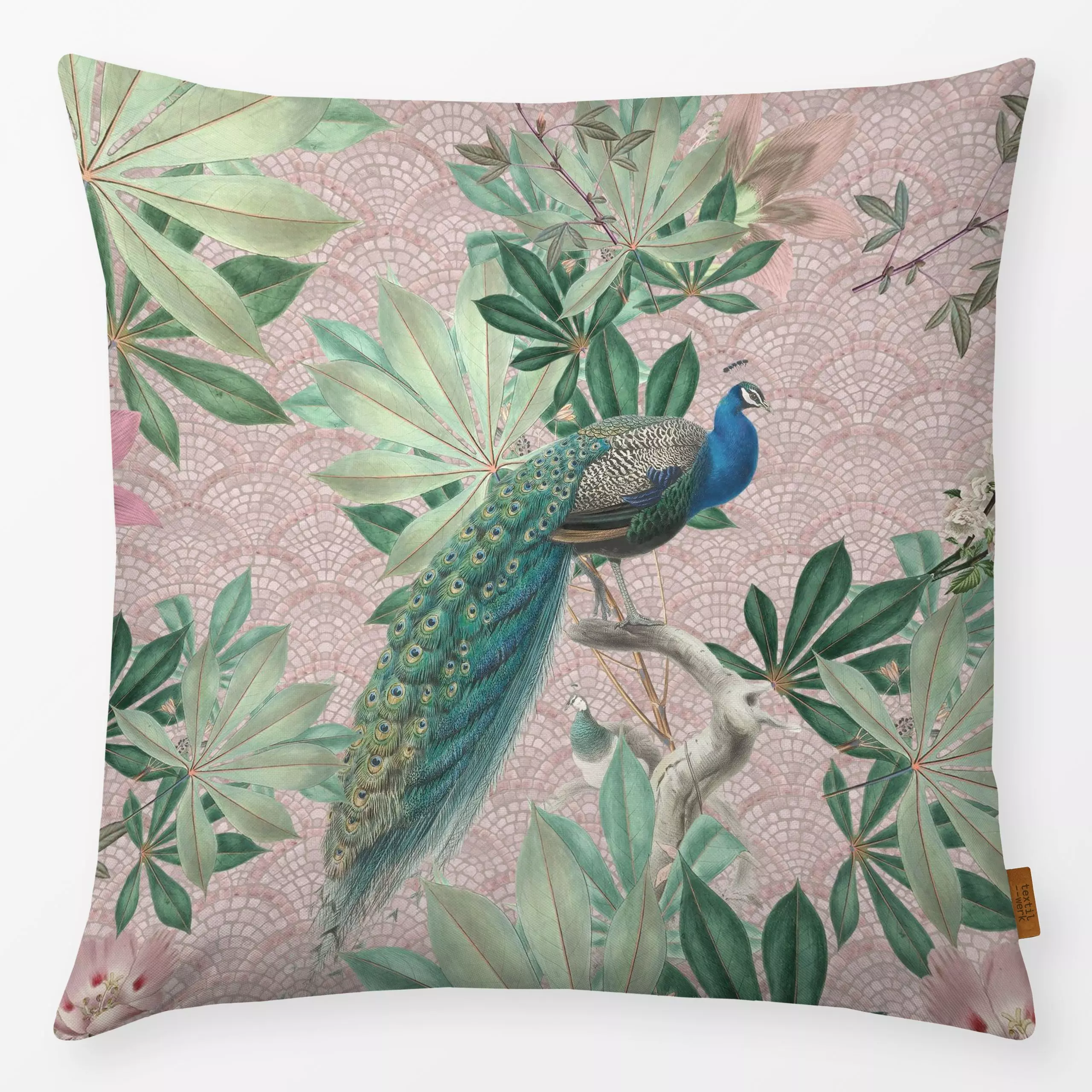 Kissen Barock Pfauen Paradies Rosa - Blumen & Florales, Tiere, Retro & Vintage - von „Bloomery Decor"; Pfau, Jungle, peacock...