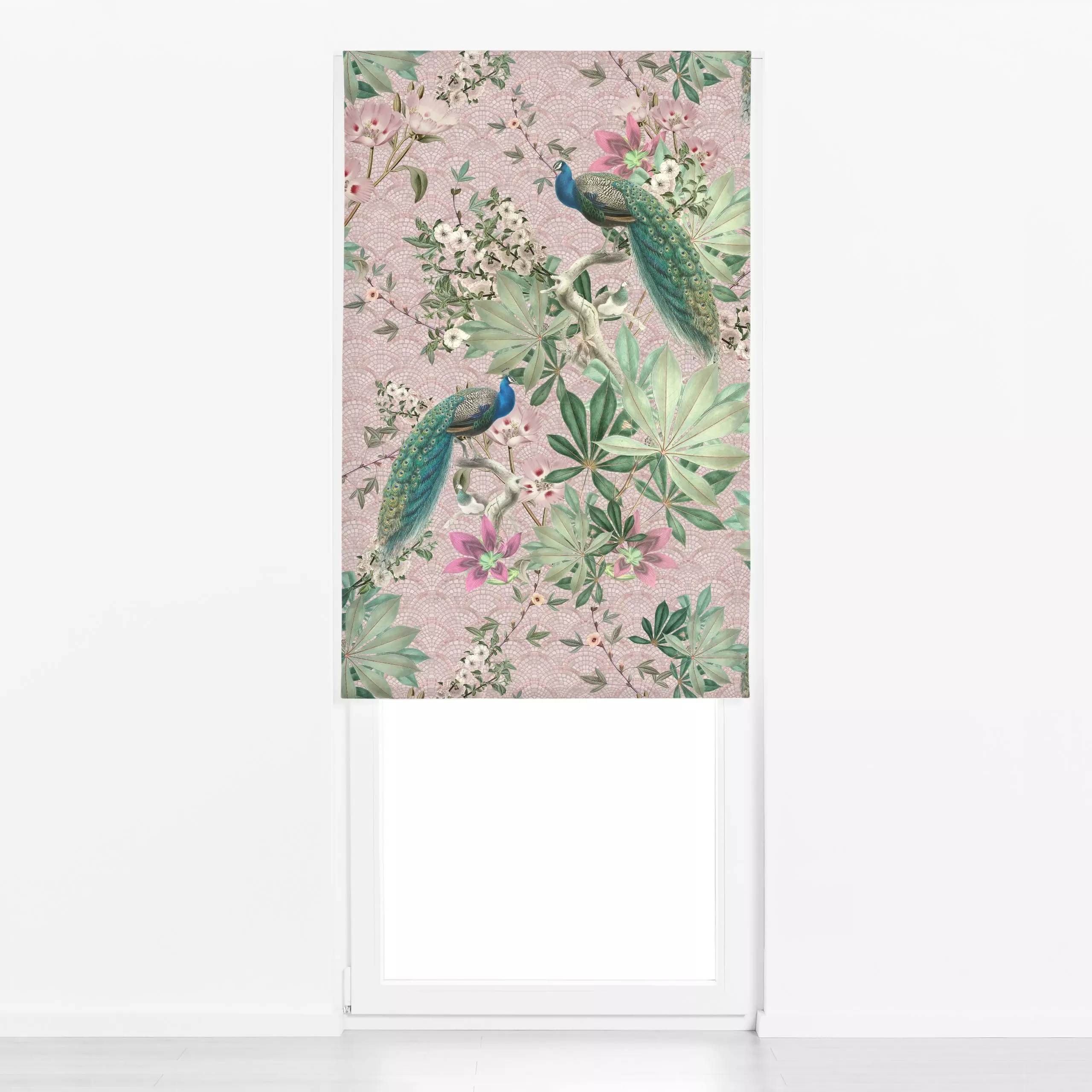 Raffrollo Barock Pfauen Paradies Rosa - Blumen & Florales, Tiere, Retro & Vintage - von „Bloomery Decor"; Pfau, Jungle, peac...