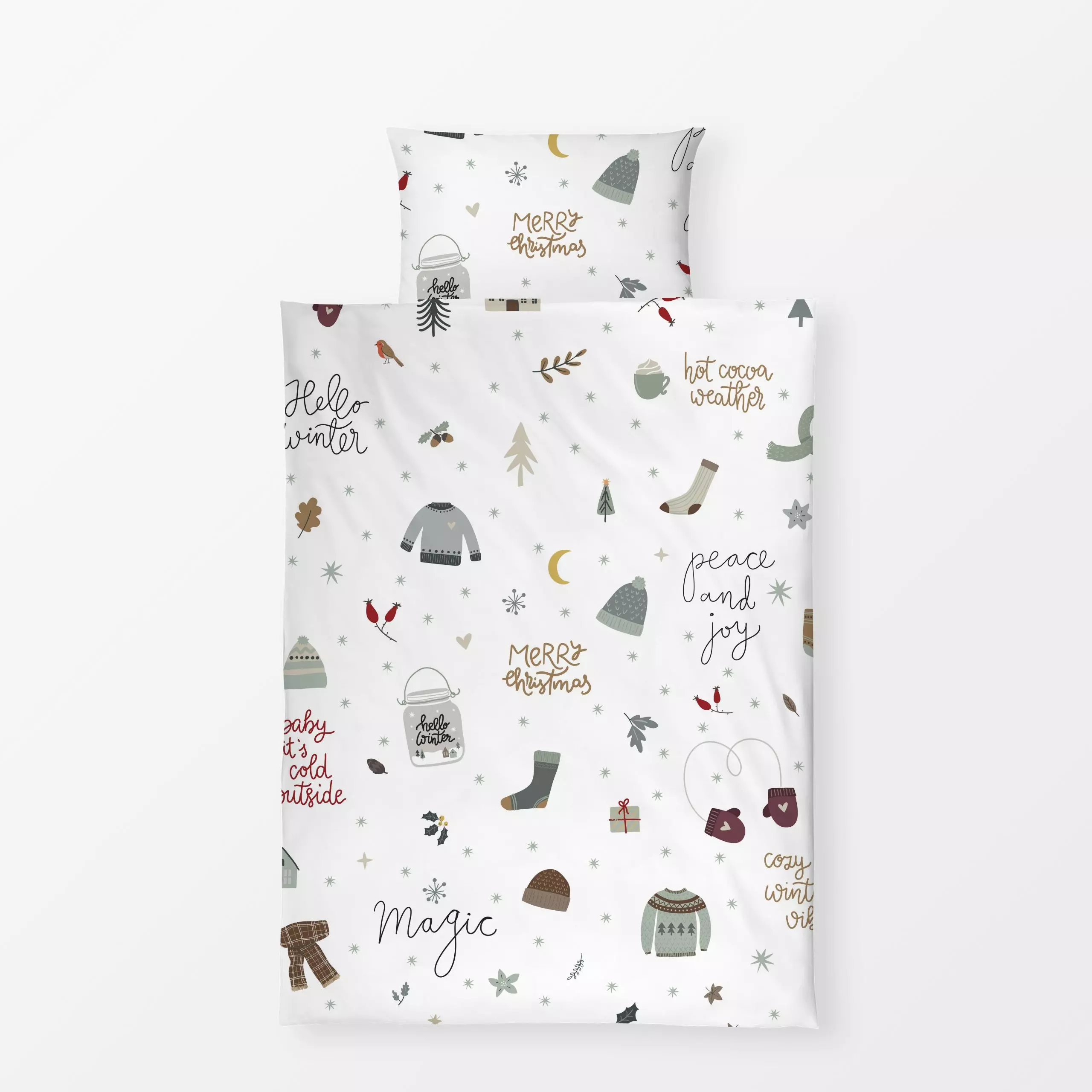 Bettwäsche Cozy Home Muster klein - weiss - Sprüche & Schriftzüge, Winter - von „Heyduda"; Muster, Aquarell, Illustration, M...