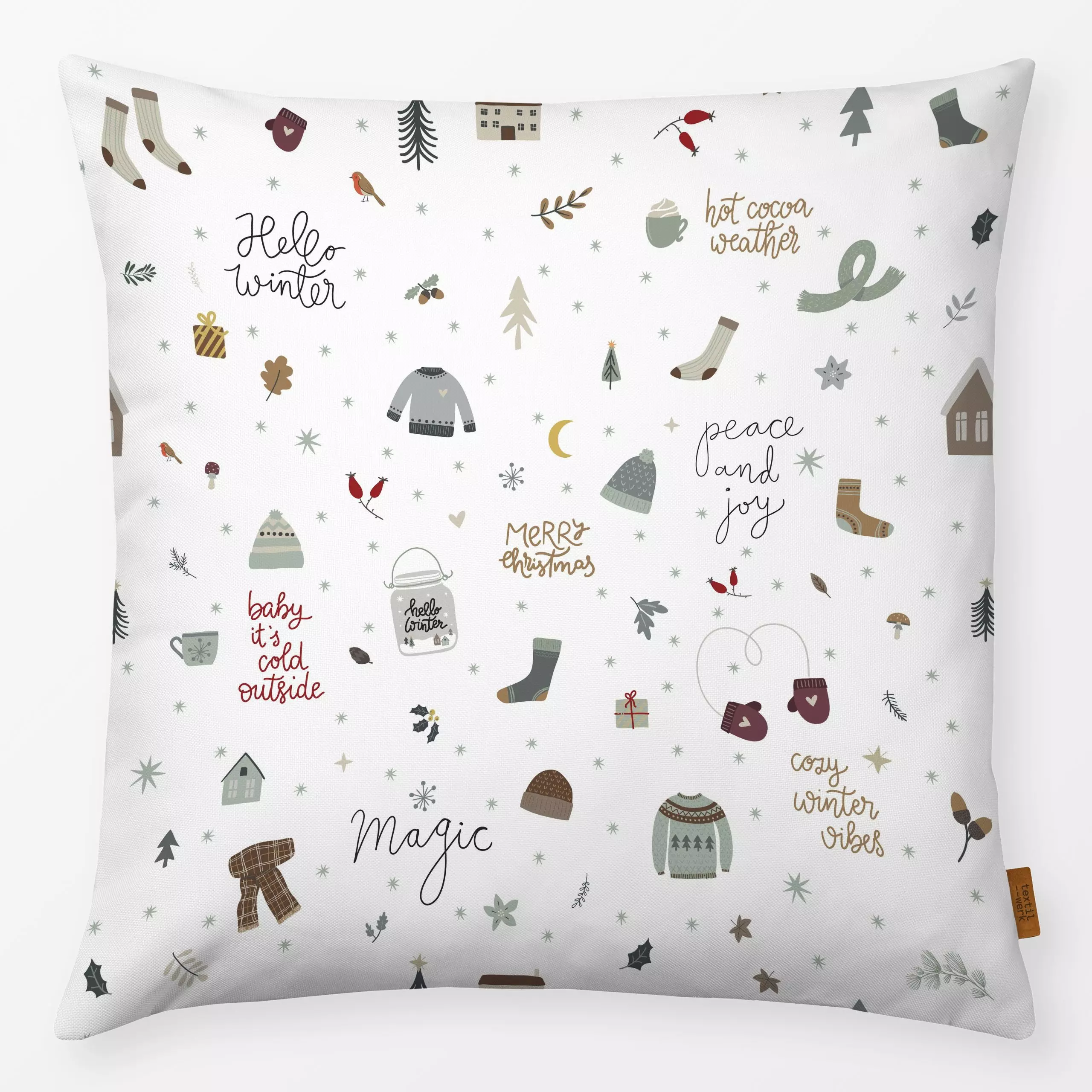Kissen Cozy Home Muster klein - weiss - Sprüche & Schriftzüge, Winter - von „Heyduda"; Muster, Aquarell, Illustration, Merry...