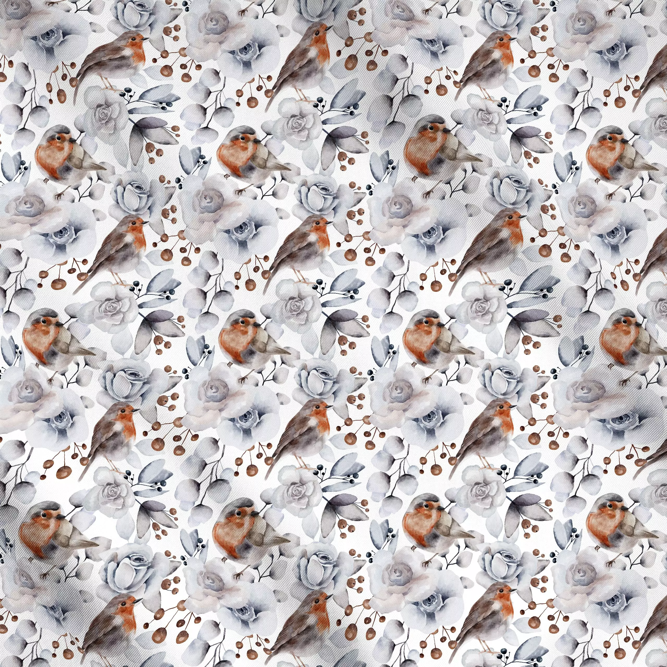 Meterware Winterweiße Weihnacht Vögel - Tiere, Weihnachten, Winter - von „Uta Naumann"; Muster, Wasserfarben, Zweige, Beeren...