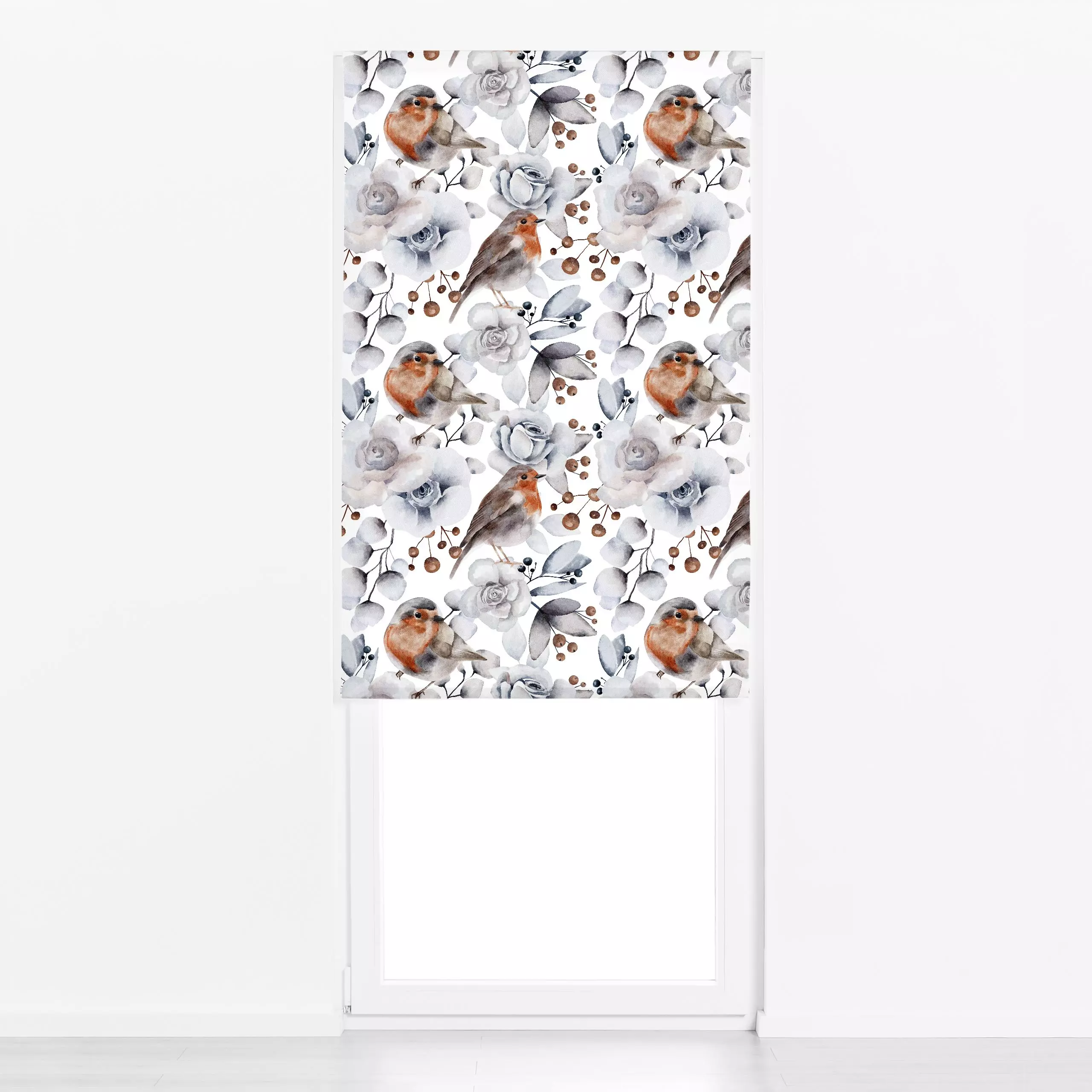 Raffrollo Winterweiße Weihnacht Vögel - Tiere, Weihnachten, Winter - von „Uta Naumann"; Muster, Wasserfarben, Zweige, Beeren...