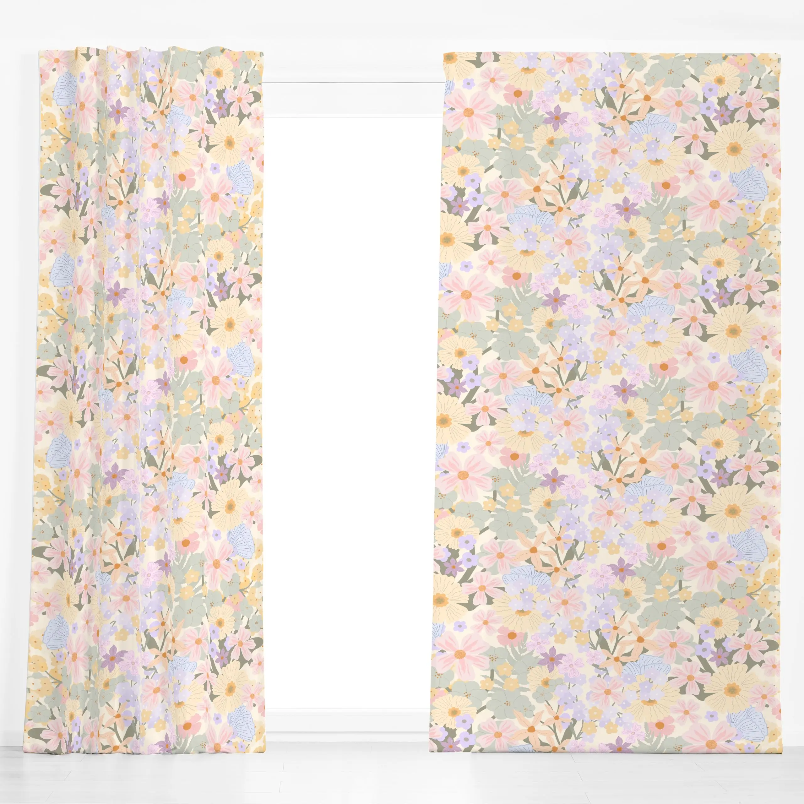 Dekovorhang Sommergarten Hellgelb Rosa - Blumen & Florales, Sommer, Symbole & Muster - von „Monika Strigel"; Illustration, B...