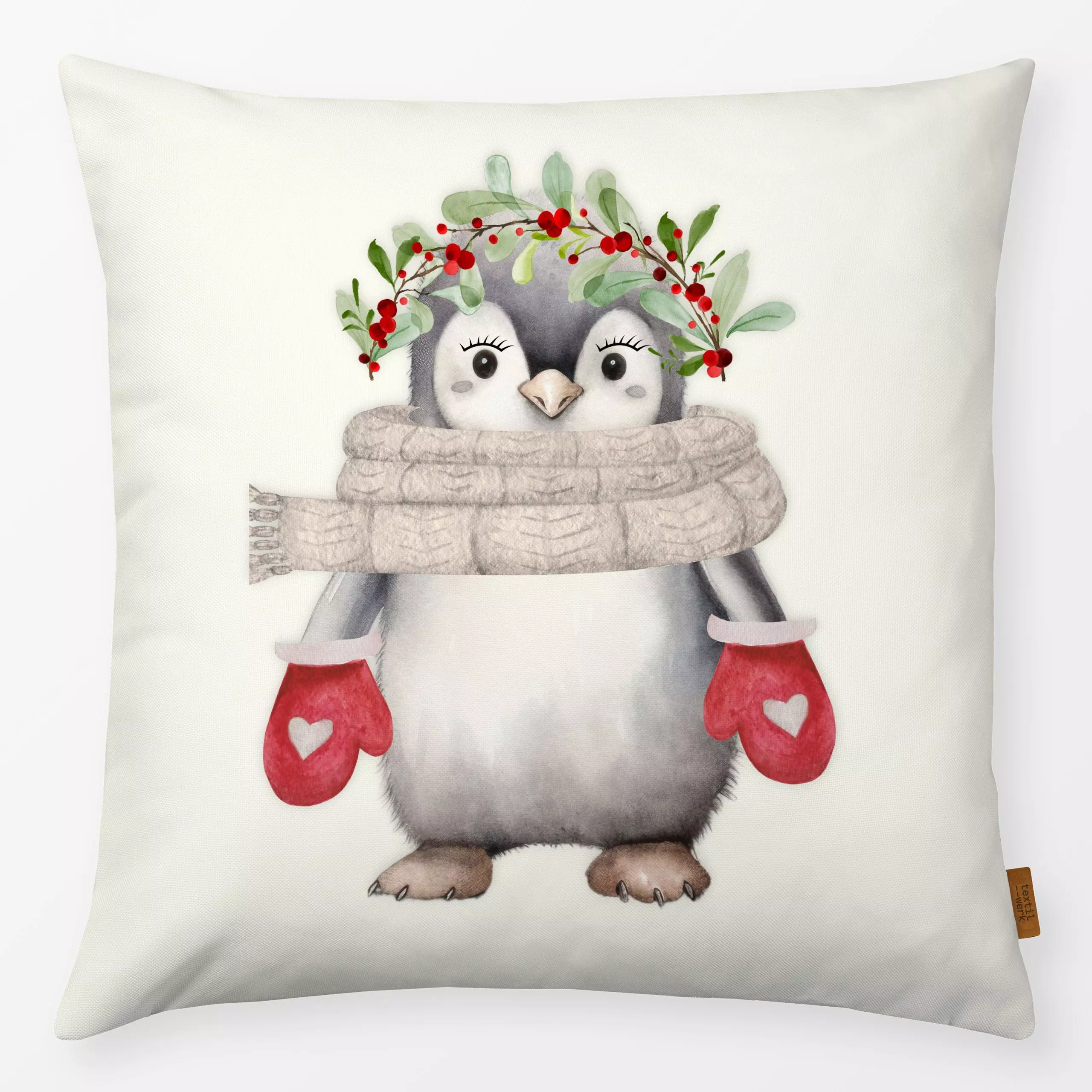 Kissen Holly Jolly Pinguin creme - Tiere, Weihnachten, Winter - von „Monika Strigel"; Kinder, Pinguin, Weihnachten, niedlich...