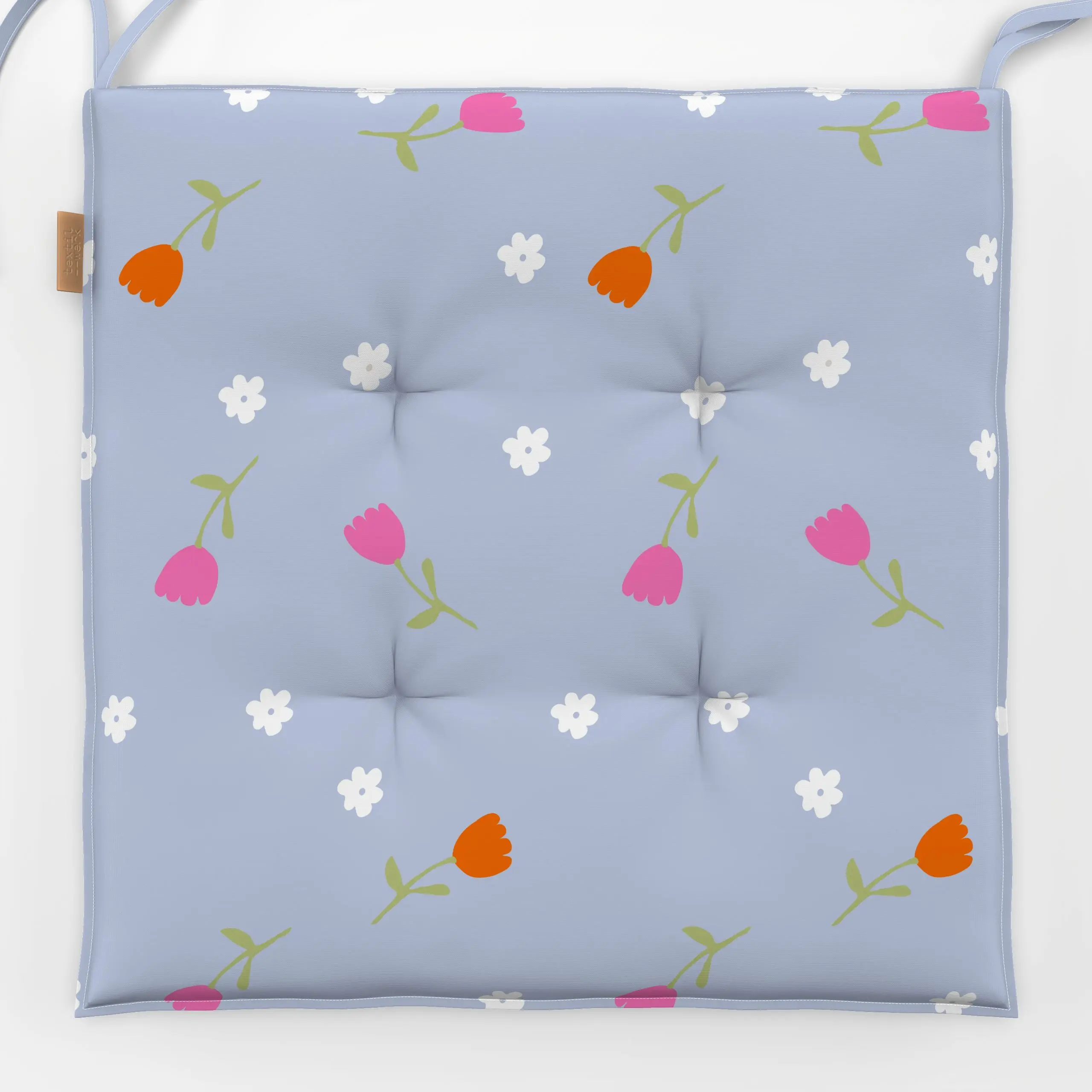 Sitzkissen Tulpenwiese Auf Hellblau - Blumen & Florales, Frühling, Ostern - von „Alisa Knöß"; Fruehling, Blumenmuster, Garte...