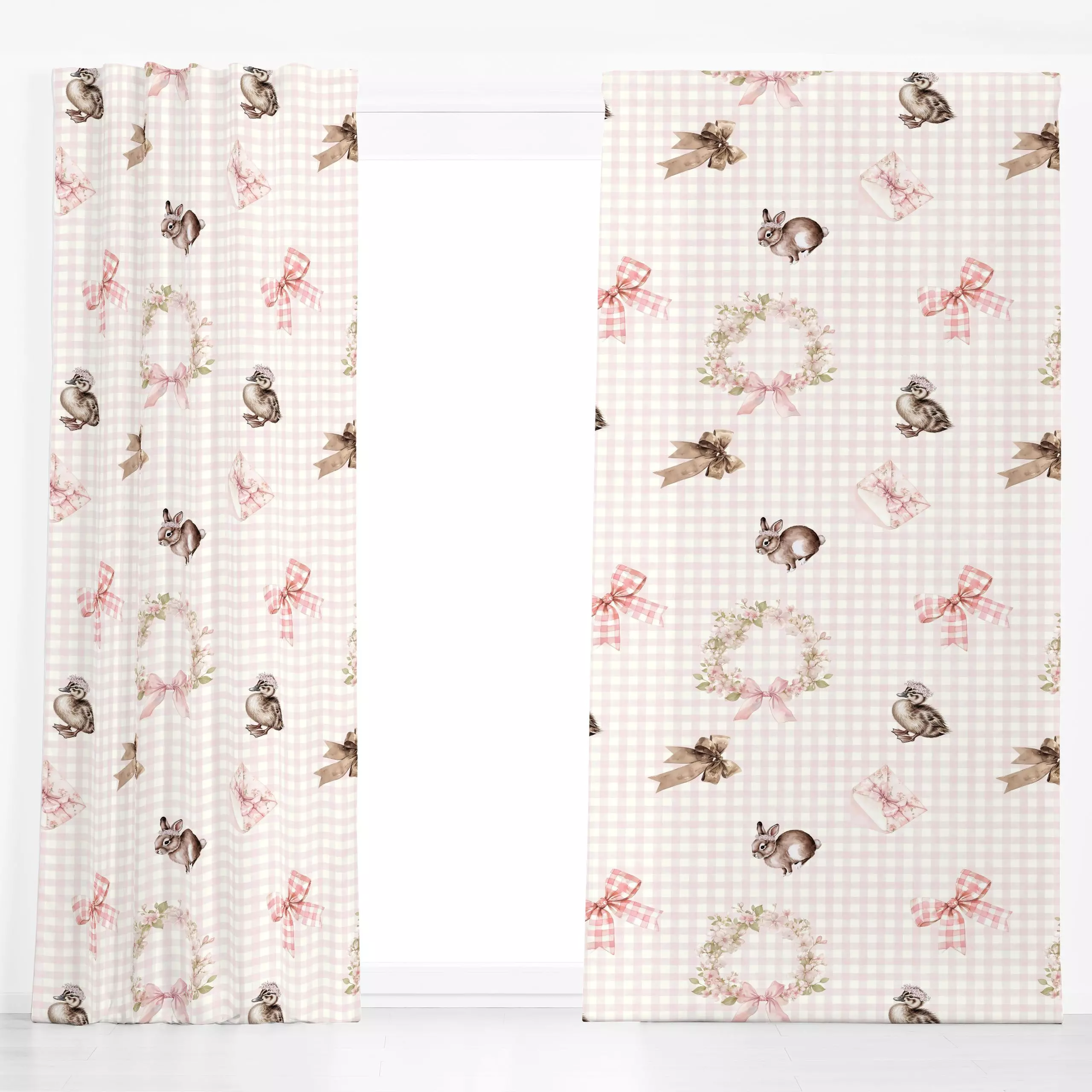 Dekovorhang Ente Blumenkranz Vichy Rosa - Blumen & Florales, Frühling, Symbole & Muster - von „Monika Strigel"; Hase, Ente, ...